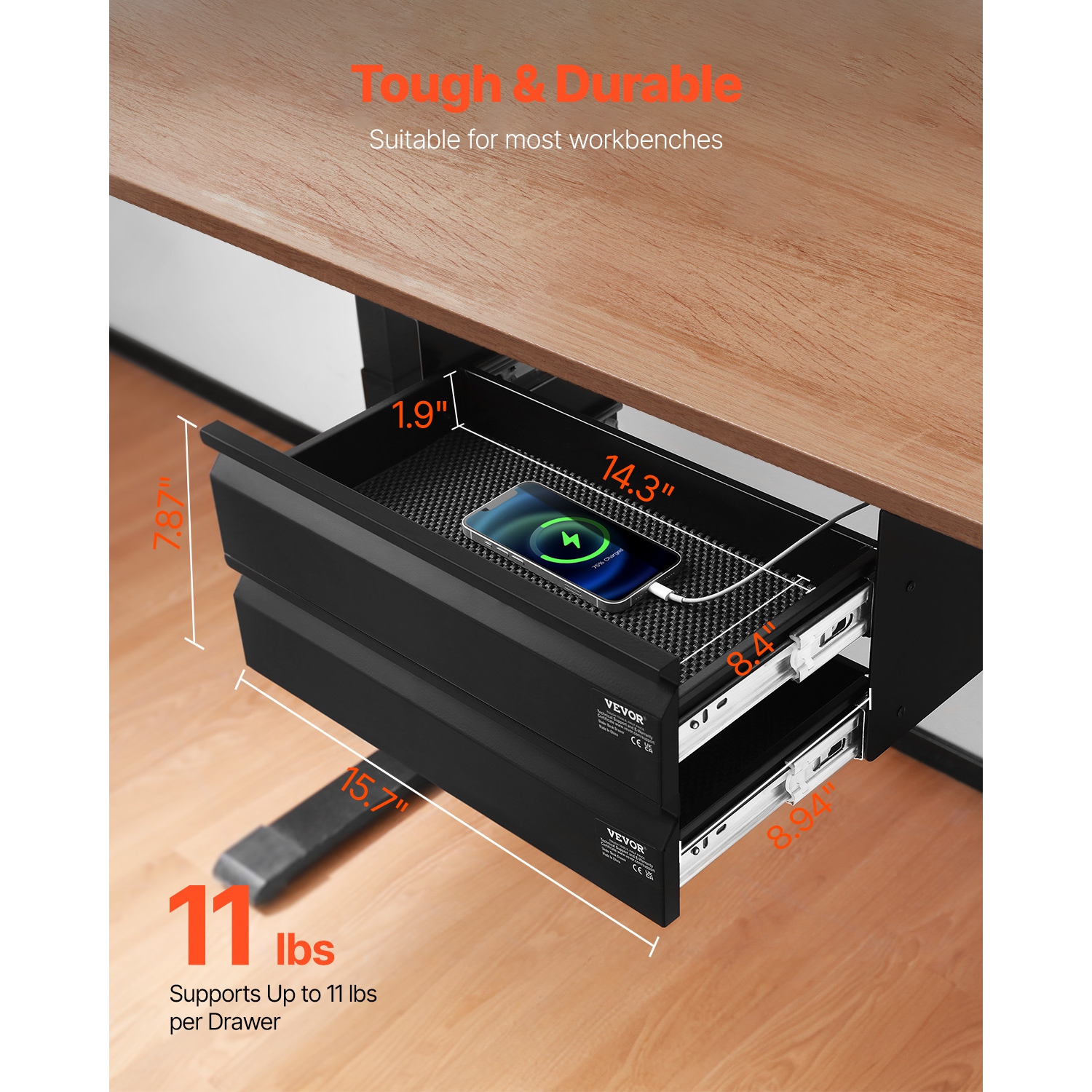 VEVOR 16" Wide Under Desk Drawer Slide Out, Under Desk Mounted Pull-out Drawer Attachment, Hidden Desktop 2 Layer Storage Organizer, Under Table