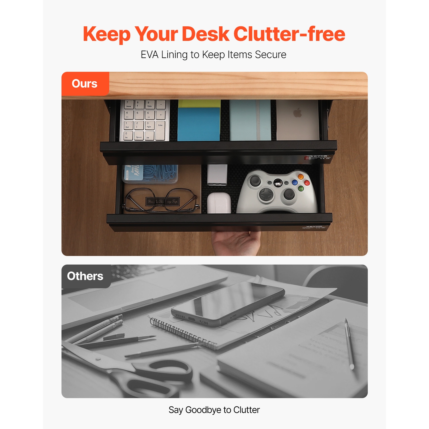 VEVOR 16" Wide Under Desk Drawer Slide Out, Under Desk Mounted Pull-out Drawer Attachment, Hidden Desktop 2 Layer Storage Organizer, Under Table