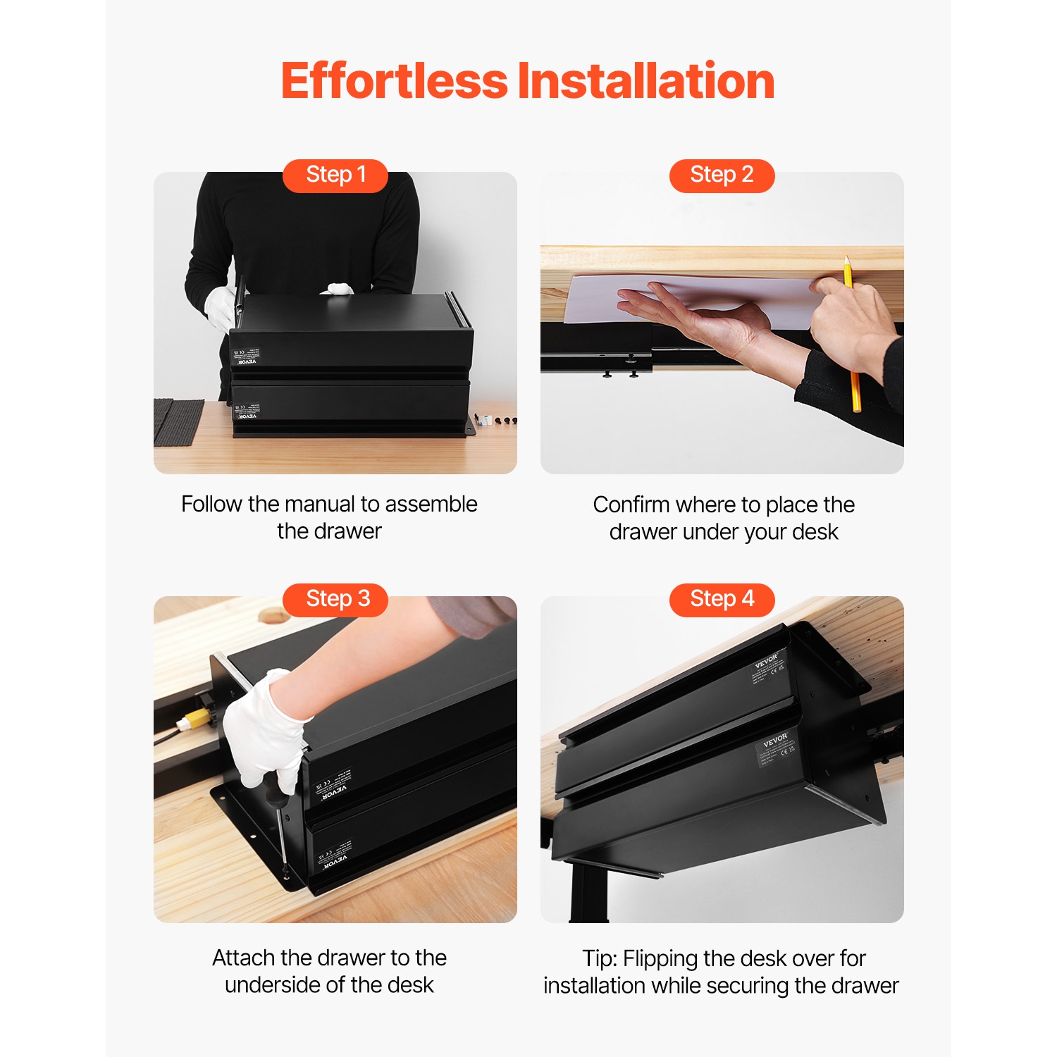 VEVOR 16" Wide Under Desk Drawer Slide Out, Under Desk Mounted Pull-out Drawer Attachment, Hidden Desktop 2 Layer Storage Organizer, Under Table