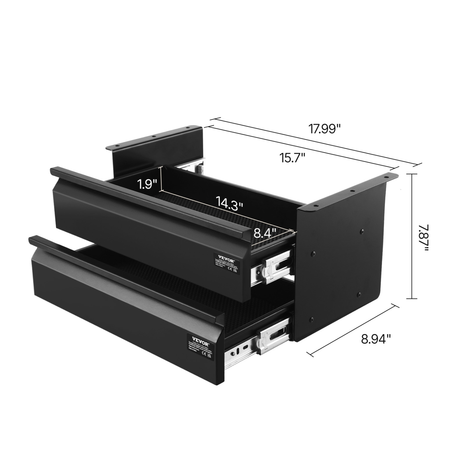 VEVOR 16" Wide Under Desk Drawer Slide Out, Under Desk Mounted Pull-out Drawer Attachment, Hidden Desktop 2 Layer Storage Organizer, Under Table