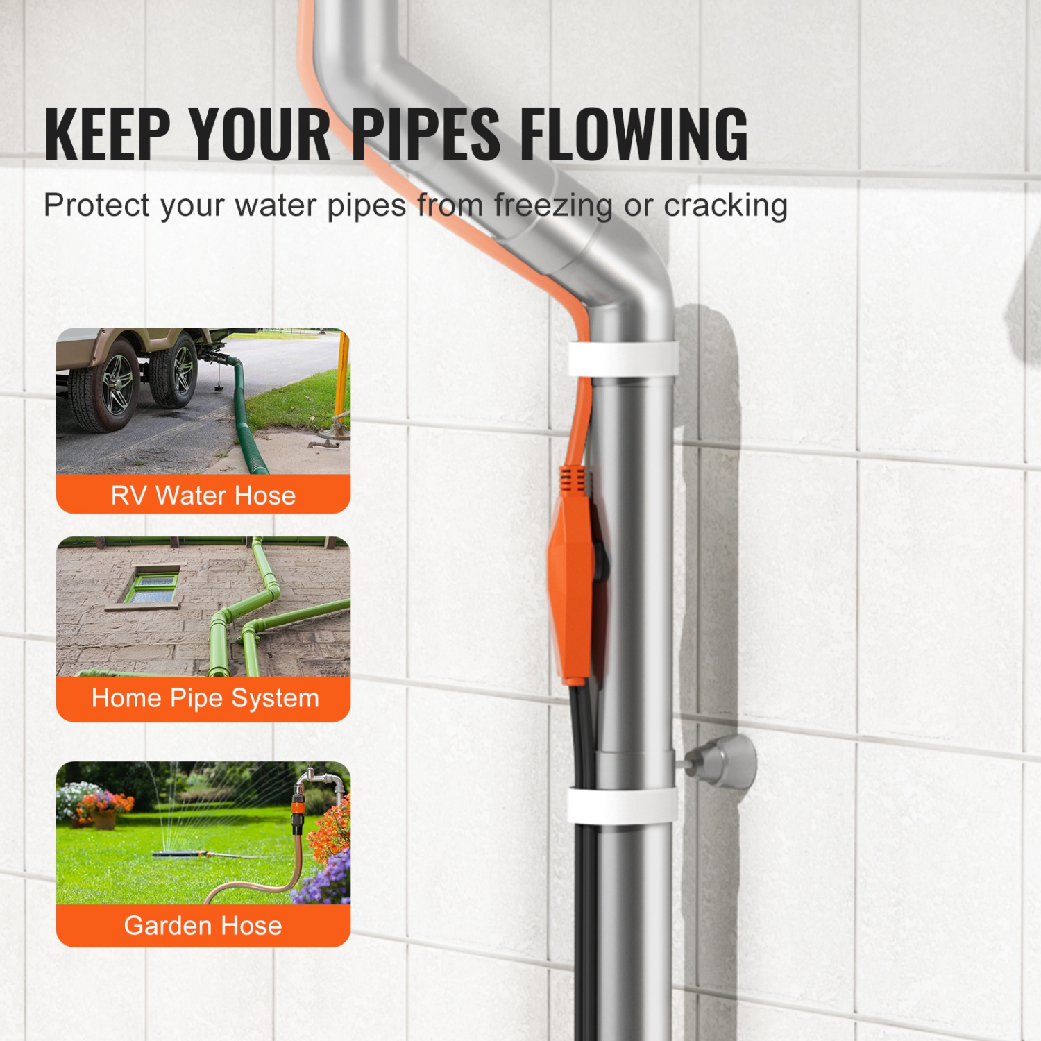 VEVOR 18FT Pipe Heating Cable, 7W/FT Heat Tape for Pipes with Built-in Thermostat, Water Pipe Heat Cable Protects PVC Hose, Metal and Plastic Pipe