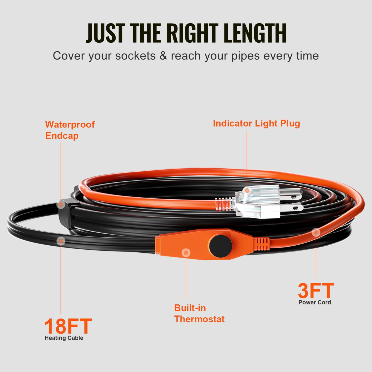 VEVOR 18FT Pipe Heating Cable, 7W/FT Heat Tape for Pipes with Built-in Thermostat, Water Pipe Heat Cable Protects PVC Hose, Metal and Plastic Pipe