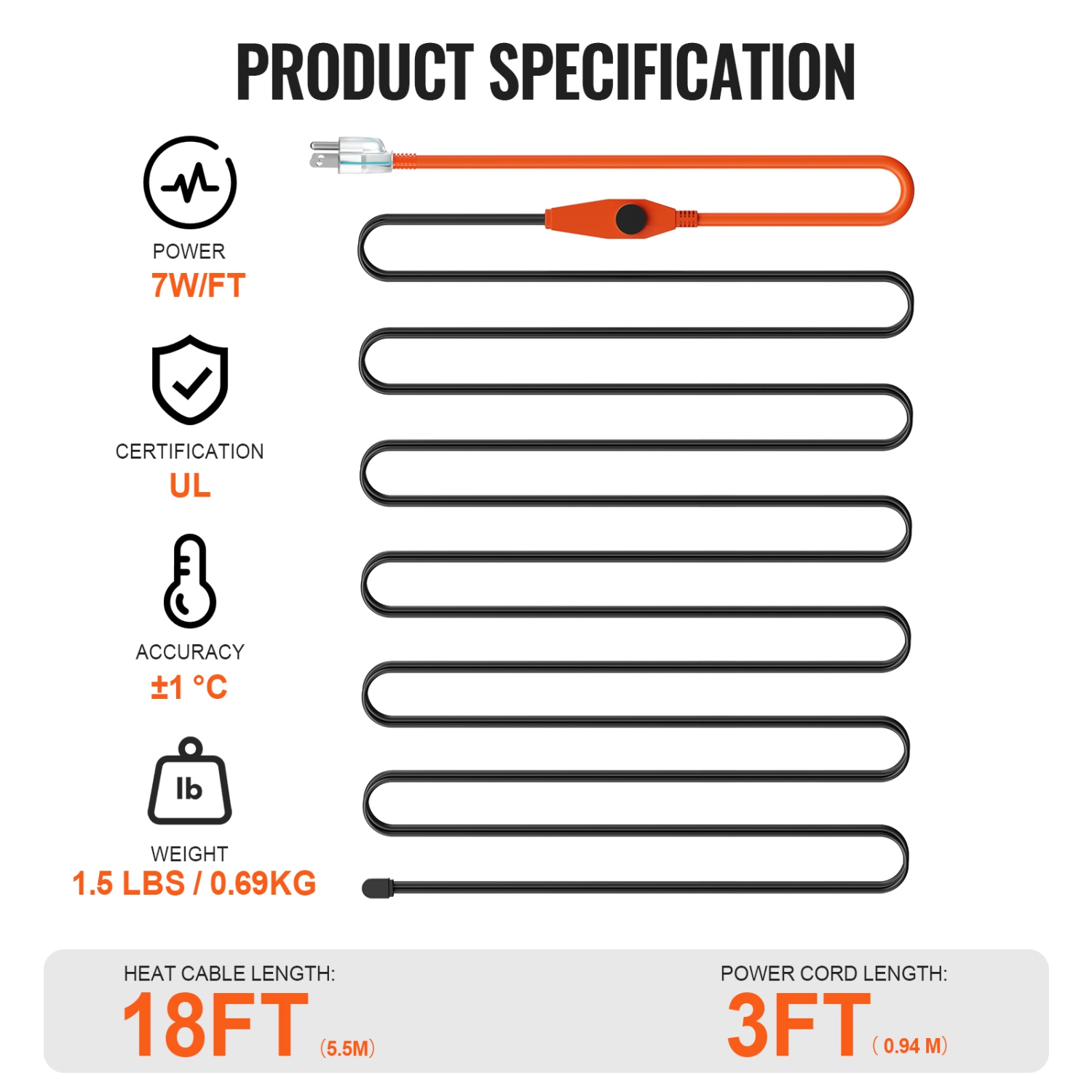 VEVOR 18FT Pipe Heating Cable, 7W/FT Heat Tape for Pipes with Built-in Thermostat, Water Pipe Heat Cable Protects PVC Hose, Metal and Plastic Pipe