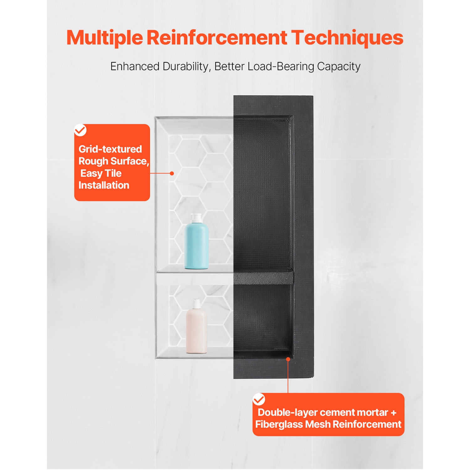 Niche murale encastrée de 16 x 28 x 4&nbsp;po de VEVOR avec tablette séparatrice mobile, rangement moderne pour savon et shampooing, coins carrés,