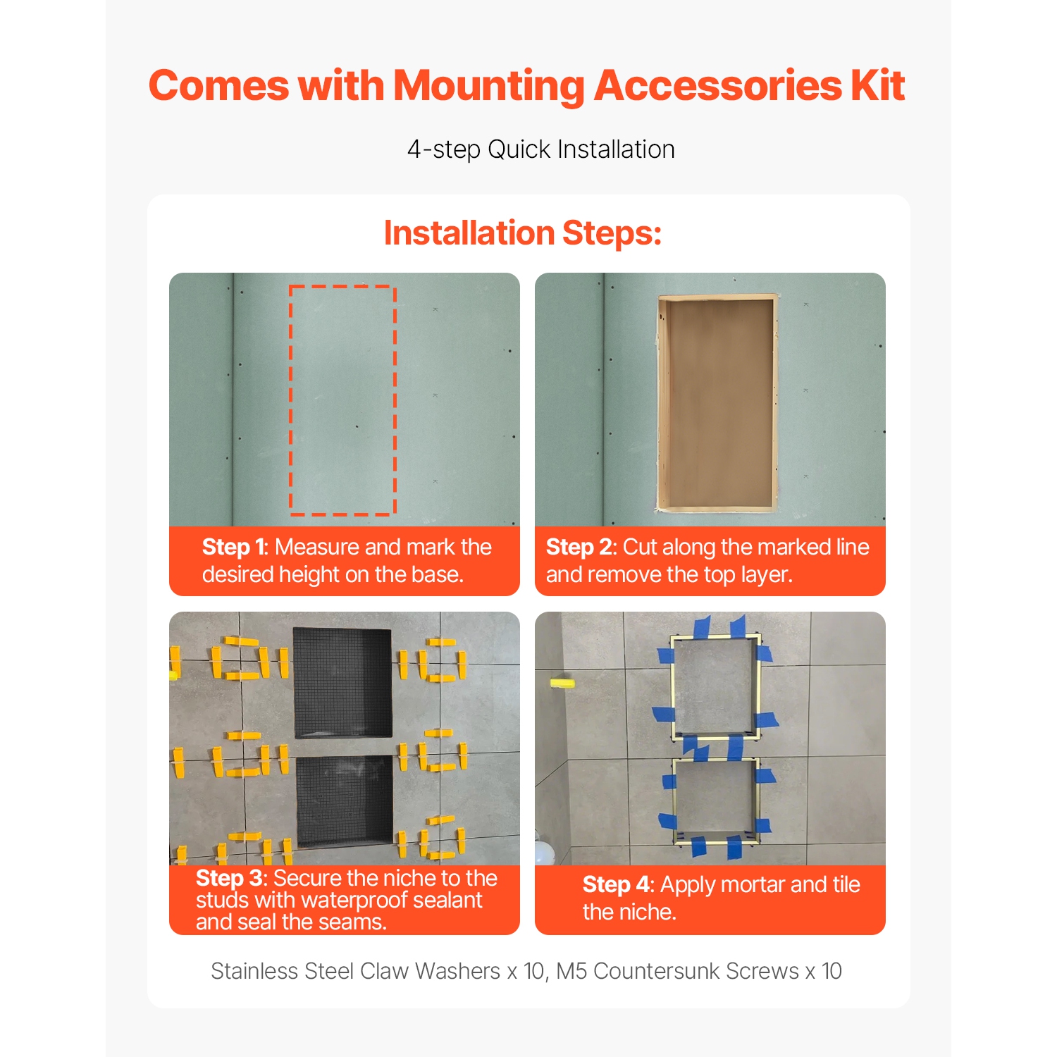 Niche murale encastrée de 16 x 28 x 4&nbsp;po de VEVOR avec tablette séparatrice mobile, rangement moderne pour savon et shampooing, coins carrés,