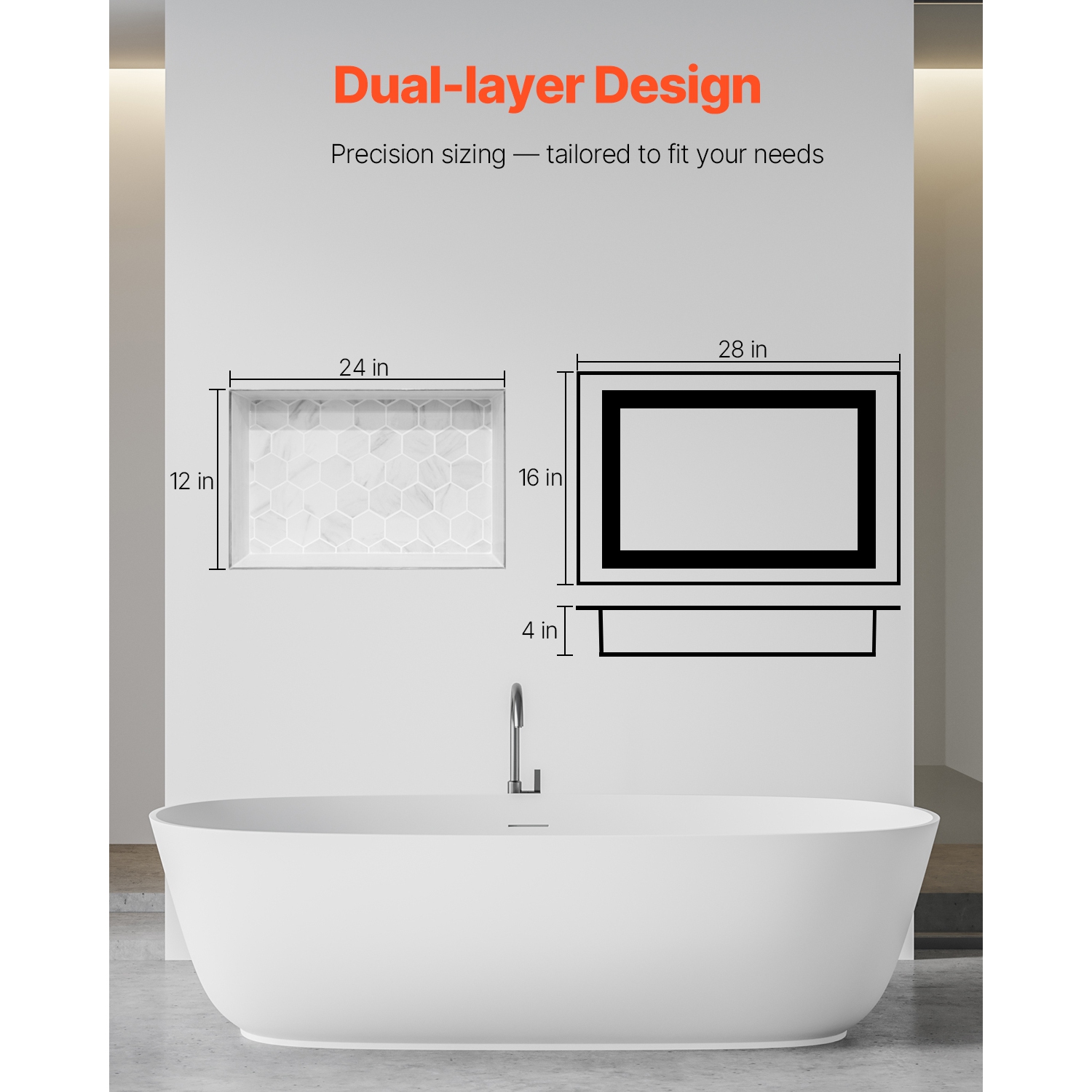 Niche murale encastrée de 16 x 28 x 4&nbsp;po de VEVOR avec tablette séparatrice mobile, rangement moderne pour savon et shampooing, coins carrés,