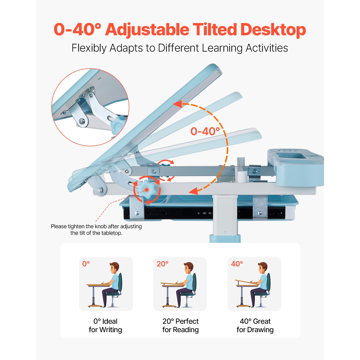 VEVOR 0-40° Tilted Desktop Kids Study Chair and Desk Set, Study Desk and Chair for Kids with Table Lamp, Adjustable Height Kids Desk and Chair,