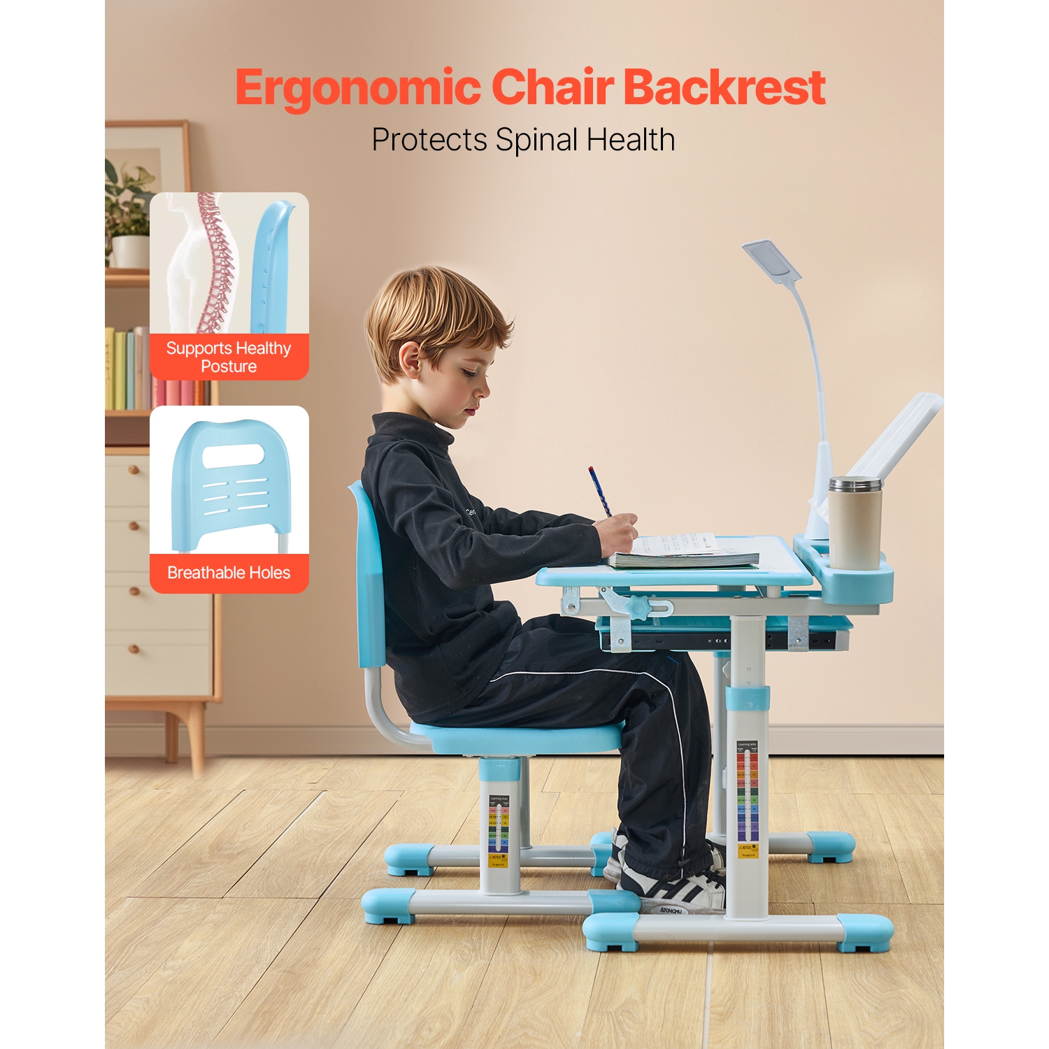 VEVOR 0-40° Tilted Desktop Kids Study Chair and Desk Set, Study Desk and Chair for Kids with Table Lamp, Adjustable Height Kids Desk and Chair,