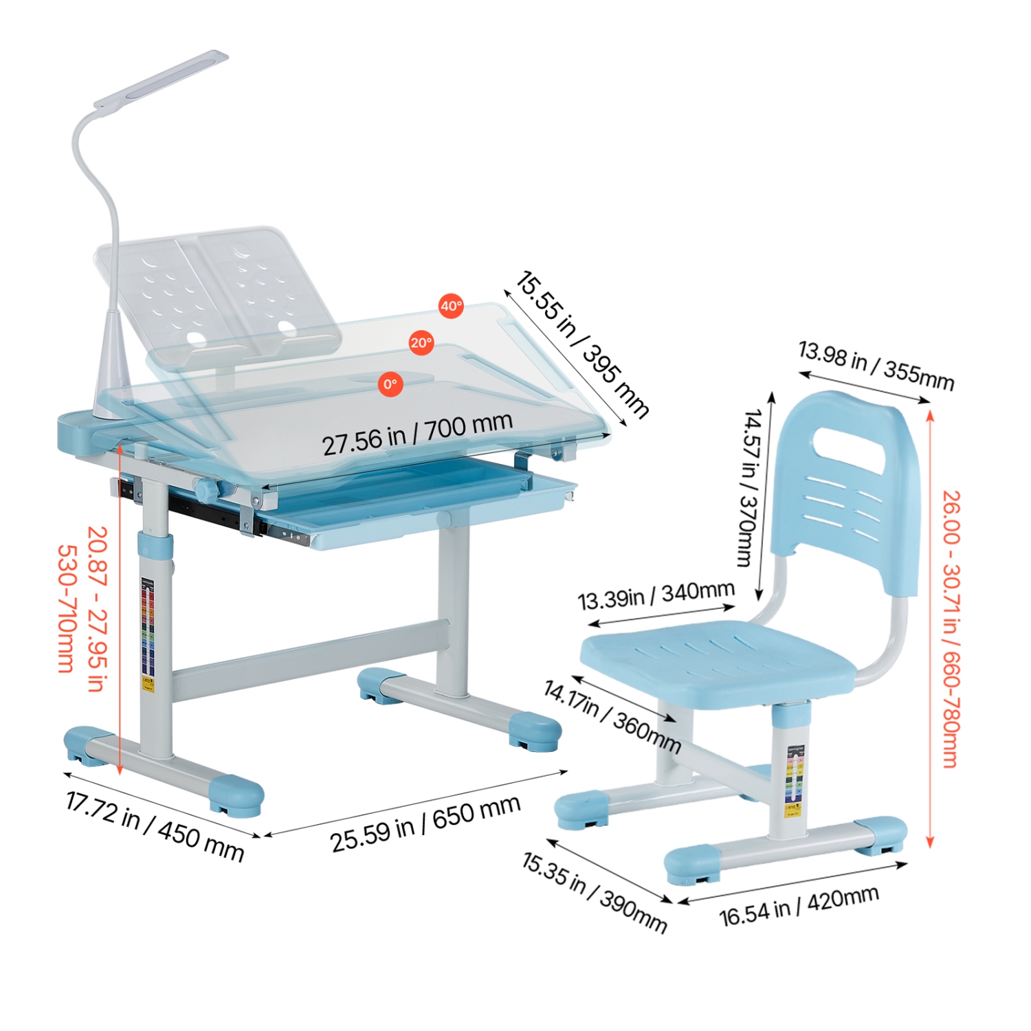 VEVOR 0-40° Tilted Desktop Kids Study Chair and Desk Set, Study Desk and Chair for Kids with Table Lamp, Adjustable Height Kids Desk and Chair,