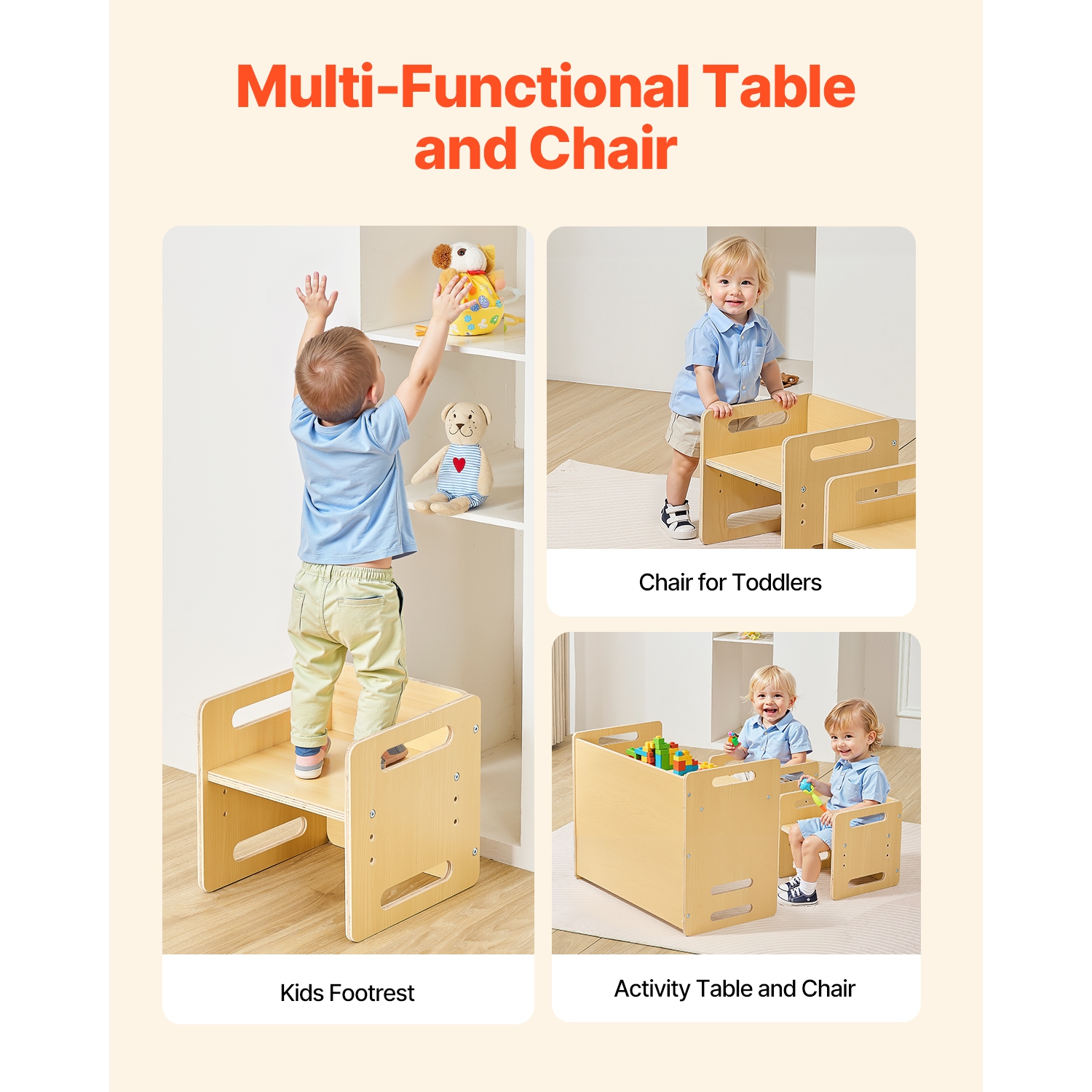 VEVOR Montessori Weaning Table and Chair Set, Wooden Toddler Table and Chair Set with 2 Chairs, Adjustable Height Montessori Chair and Activity