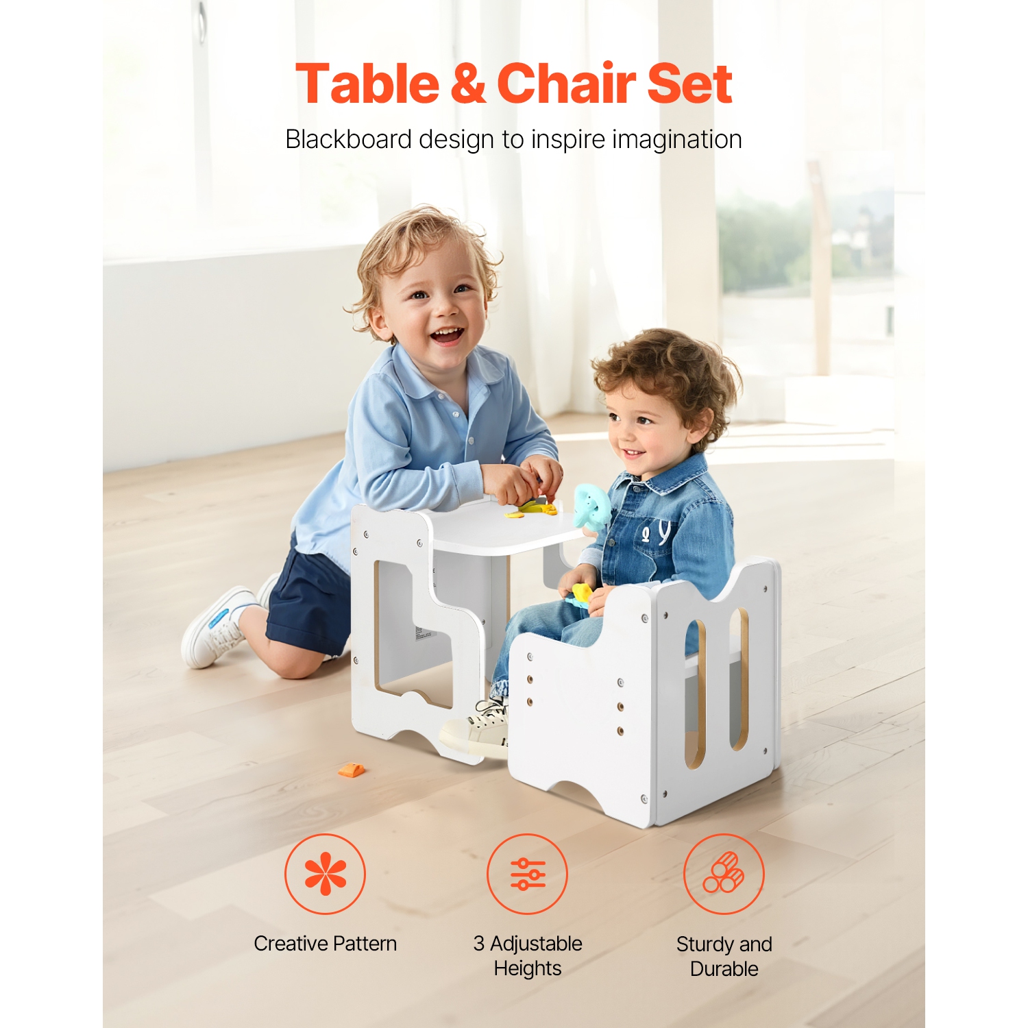 VEVOR 3 In 1 Montessori Weaning Table and Chair Set, Wooden Toddler Table and Chairs with Chalkboard, Adjustable Height Montessori Table for Ages