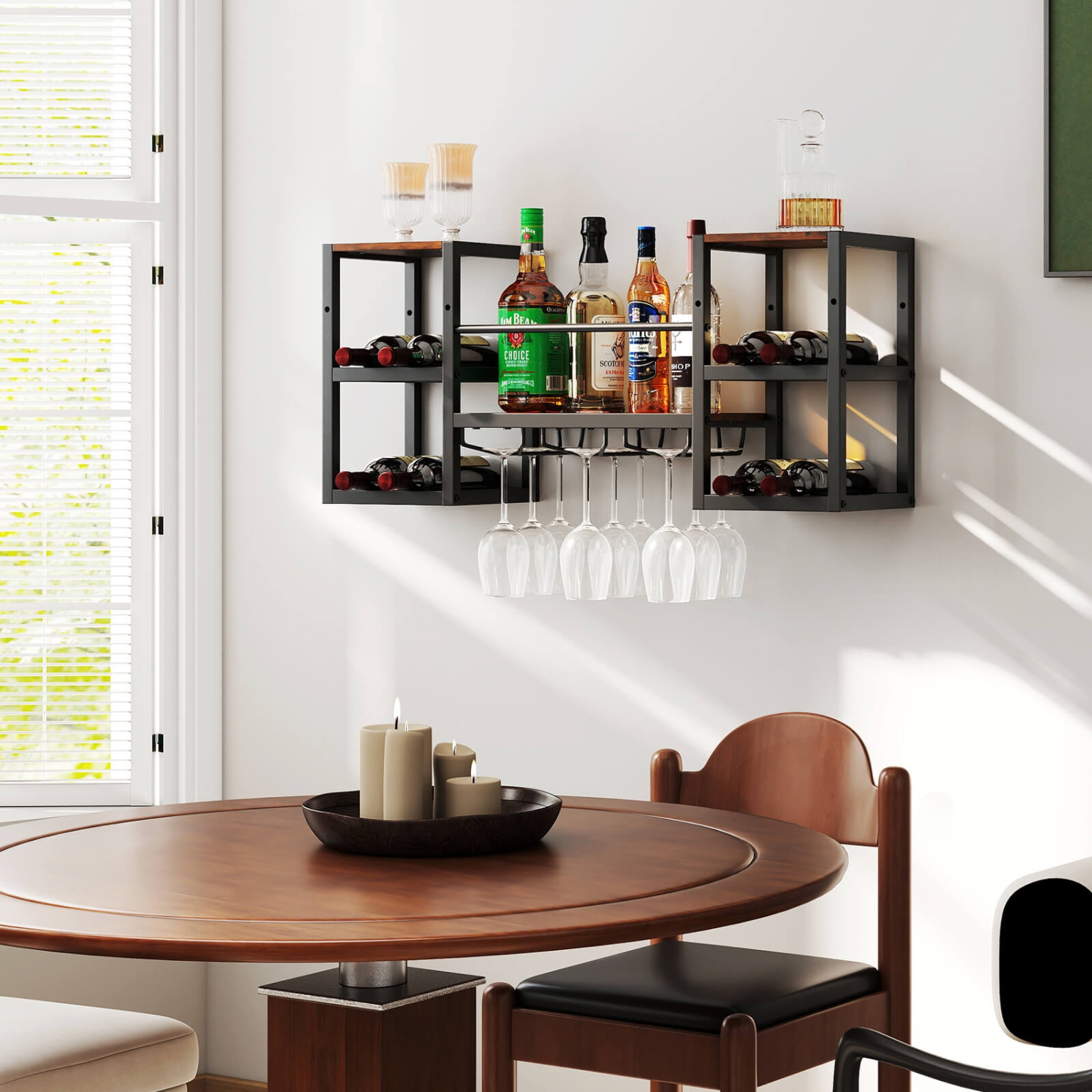 Porte-bouteilles mural à 3 niveaux avec tablette ouverte pour porte-verre de Costway, brun