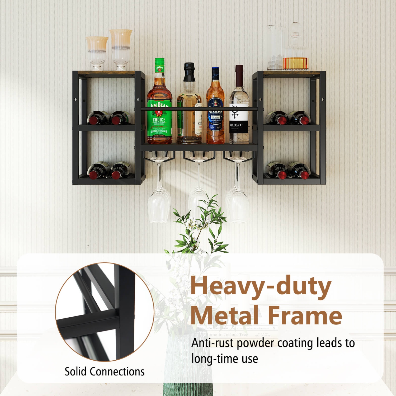 Porte-bouteilles mural à 3 niveaux avec tablette ouverte pour porte-verre de Costway, brun