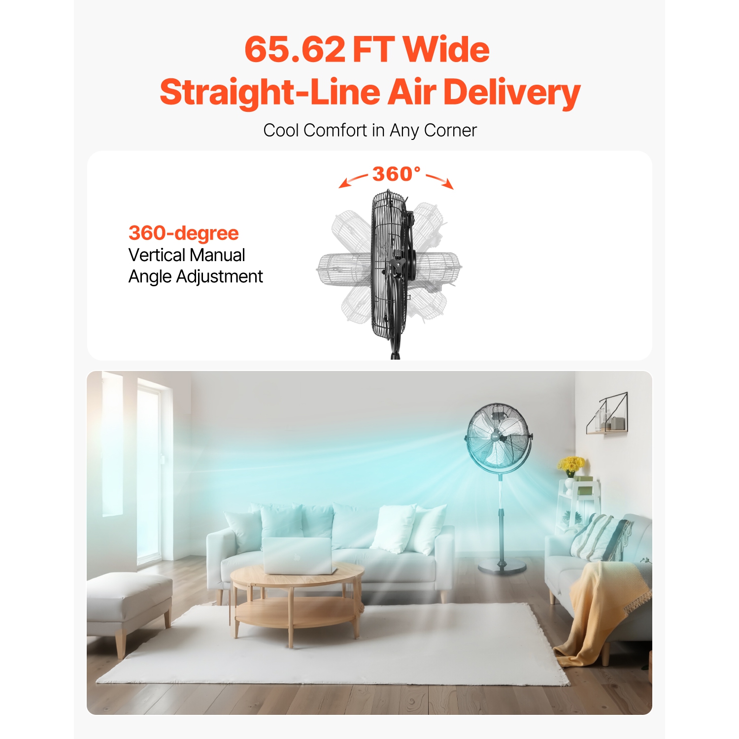 VEVOR 20 Inch Industrial Pedestal Fan, Standing Fan with 46.9 to 59.6 Inches Adjustable Height, Floor Fans with 3 Adjustable Speeds, High Power