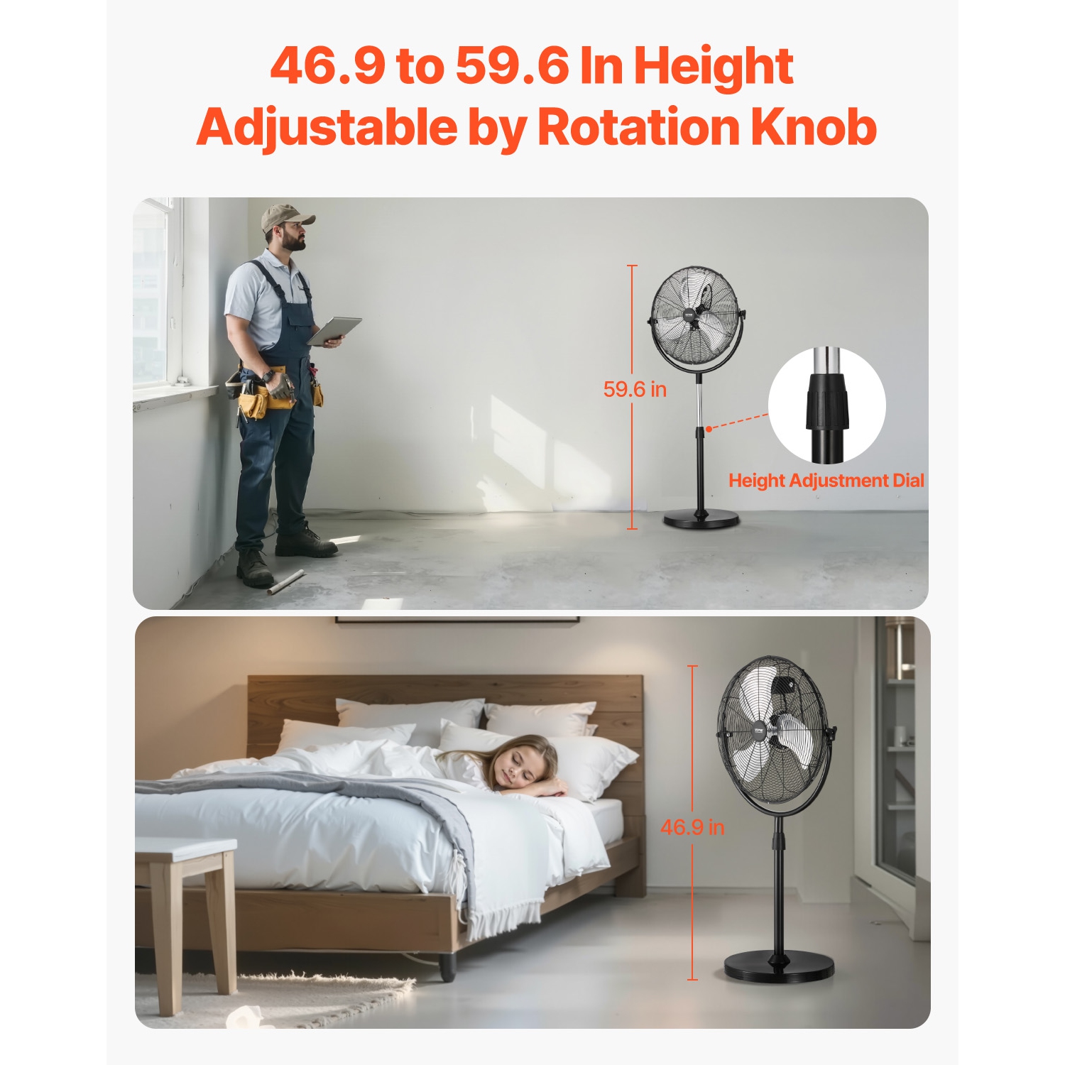 VEVOR 20 Inch Industrial Pedestal Fan, Standing Fan with 46.9 to 59.6 Inches Adjustable Height, Floor Fans with 3 Adjustable Speeds, High Power