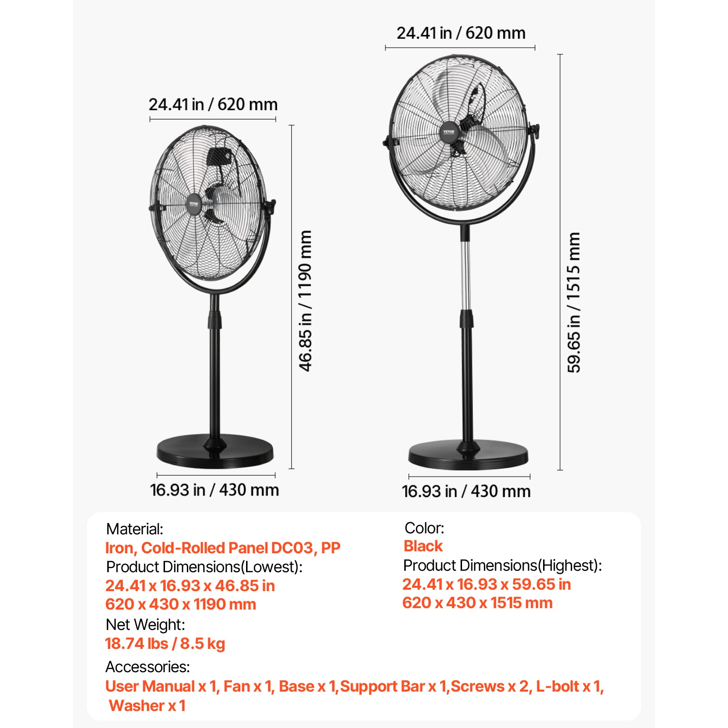 VEVOR 20 Inch Industrial Pedestal Fan, Standing Fan with 46.9 to 59.6 Inches Adjustable Height, Floor Fans with 3 Adjustable Speeds, High Power