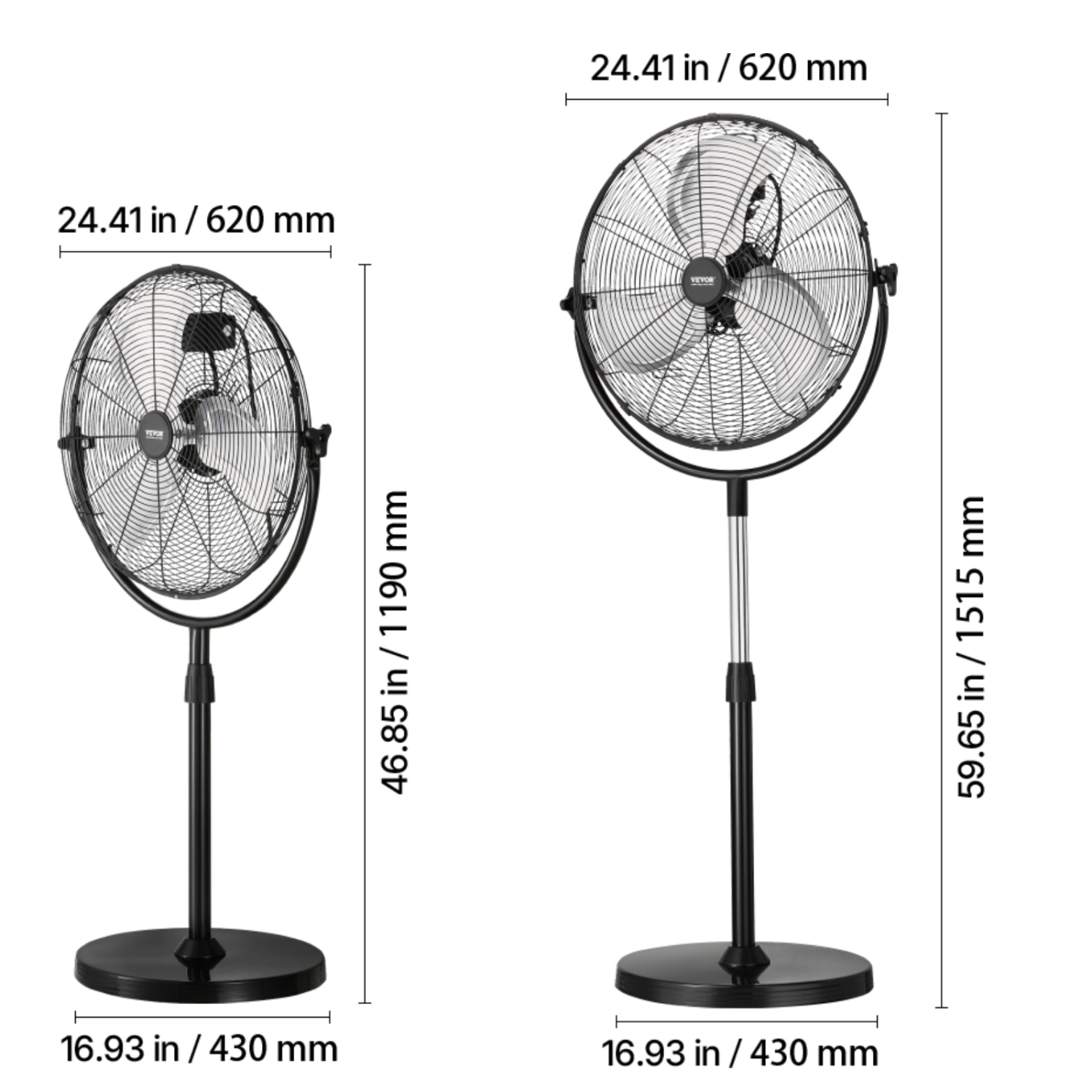 VEVOR 20 Inch Industrial Pedestal Fan, Standing Fan with 46.9 to 59.6 Inches Adjustable Height, Floor Fans with 3 Adjustable Speeds, High Power