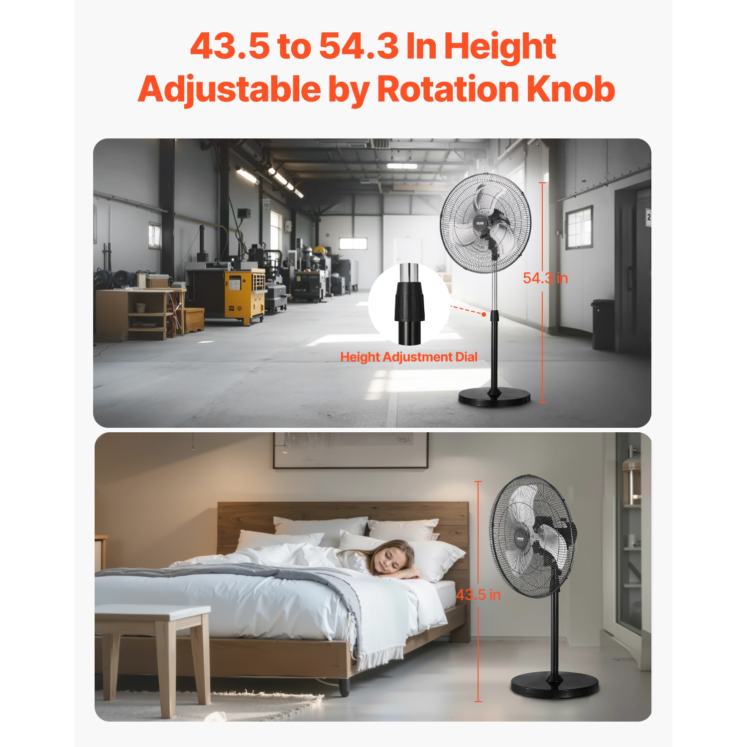VEVOR 20 Inch Industrial Pedestal Fan, 90-Degree Oscillating Fan, Height Adjustable Standing Fans with 3 Adjustable Speeds, High Power Floor Fans for