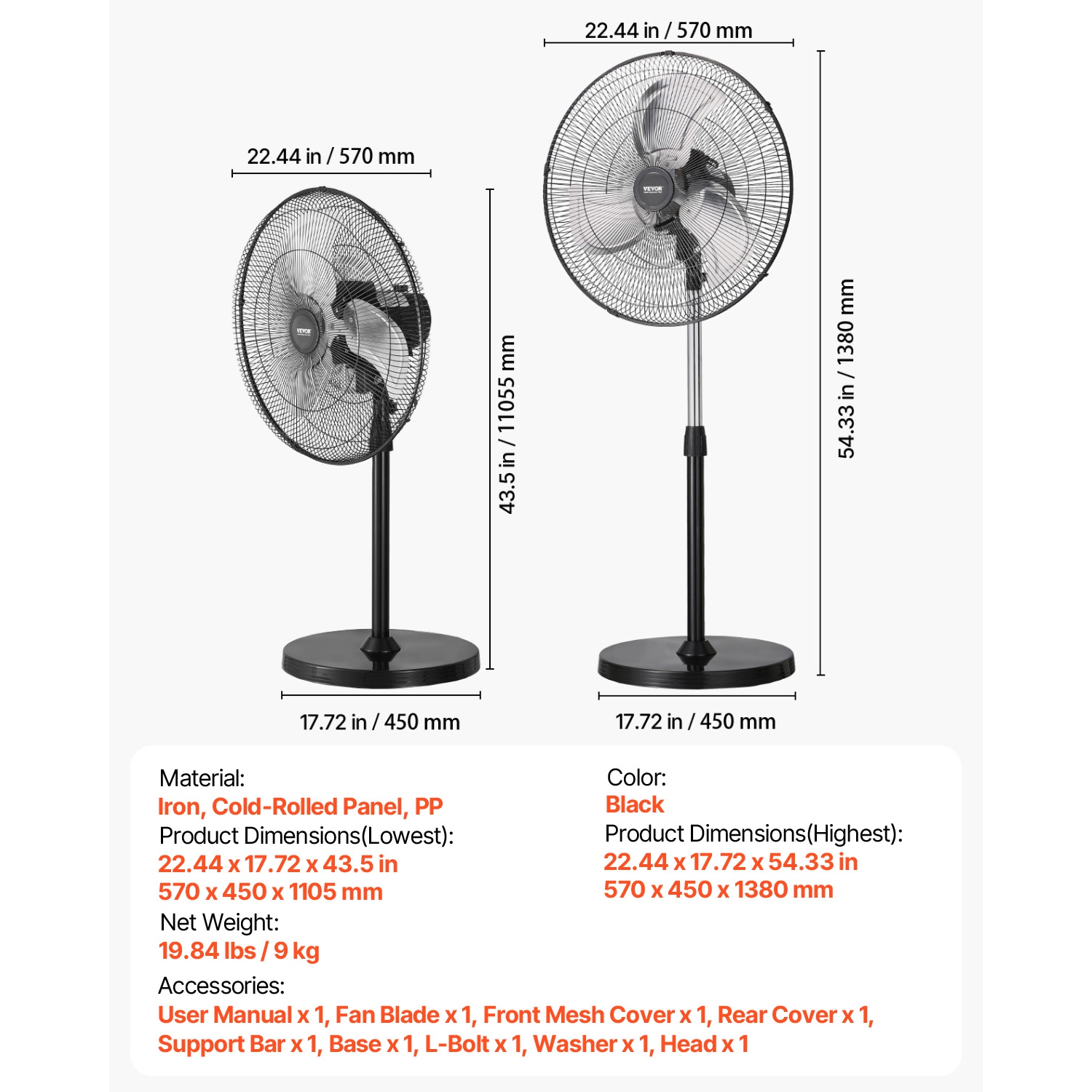 VEVOR 20 Inch Industrial Pedestal Fan, 90-Degree Oscillating Fan, Height Adjustable Standing Fans with 3 Adjustable Speeds, High Power Floor Fans for