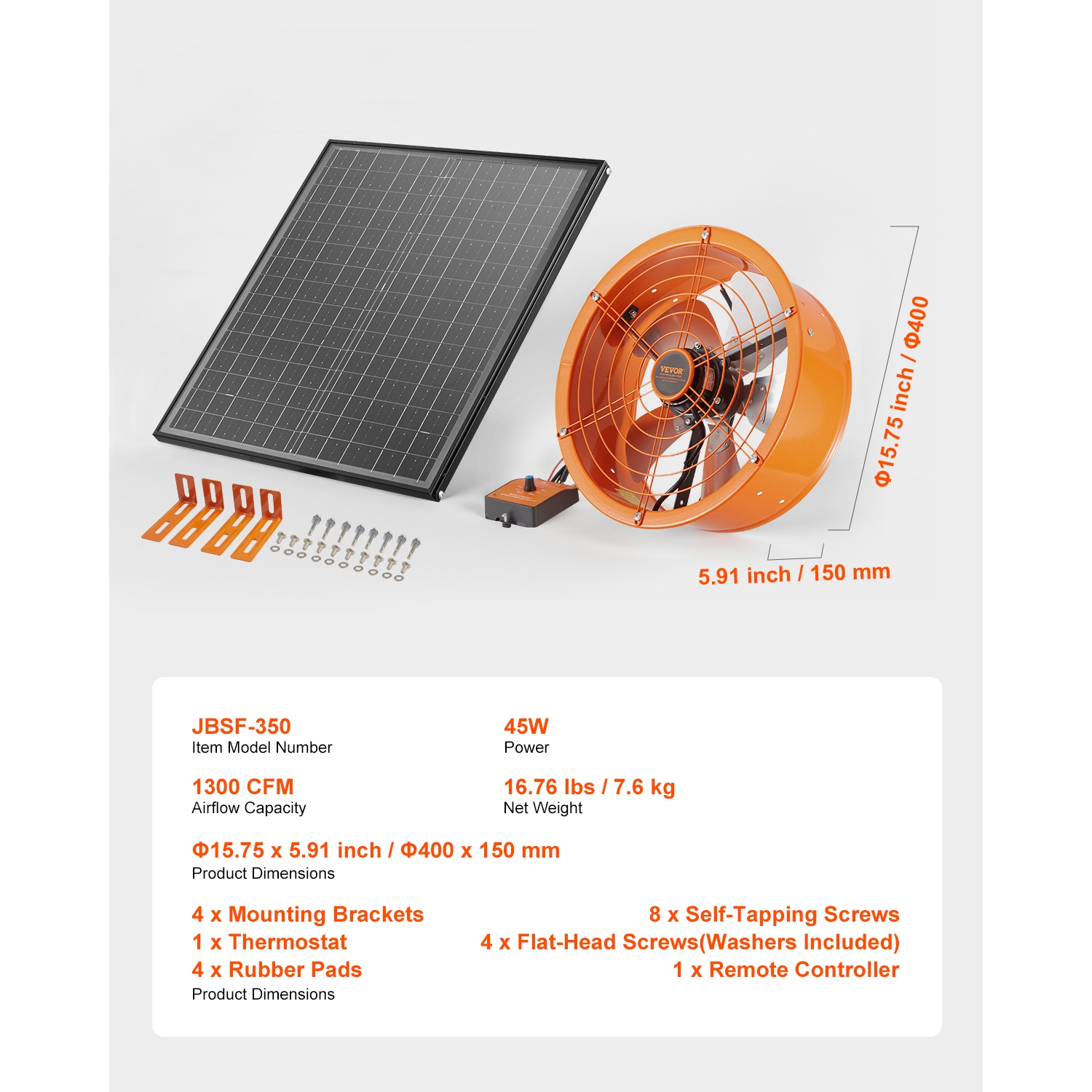 VEVOR 14 Inch Gable Mount Fan, Solar Power Attic Exhaust Fan with Adjustable Thermostat & Outer Mesh, 1300 CFM House Ventilator Cool Upto 1850 Sq.Ft,