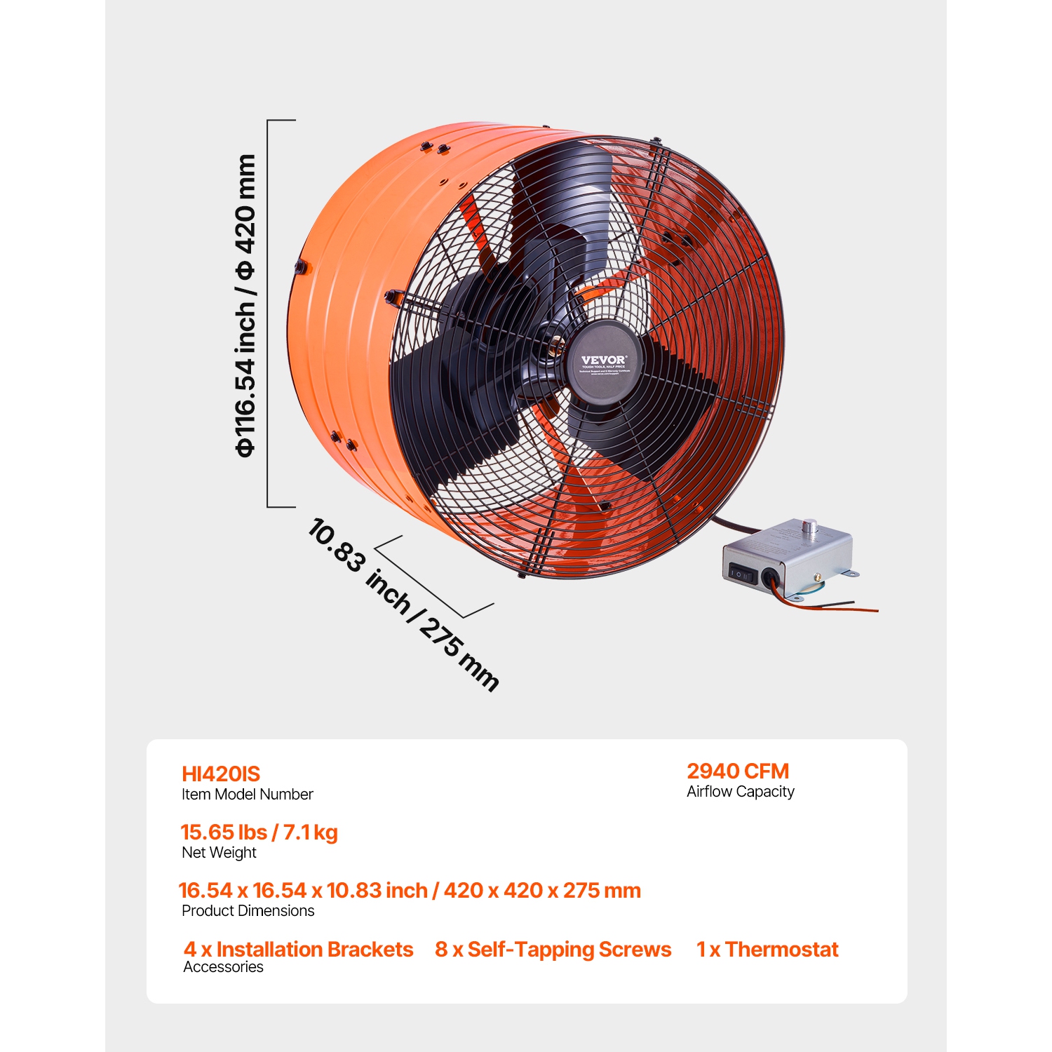 VEVOR 16 Inch Gable Mount Fan, Attic Exhaust Fan with Adjustable Thermostat & Outer Mesh, 2940 CFM House Ventilator Cools Up to 4200 Sq.Ft, Quiet