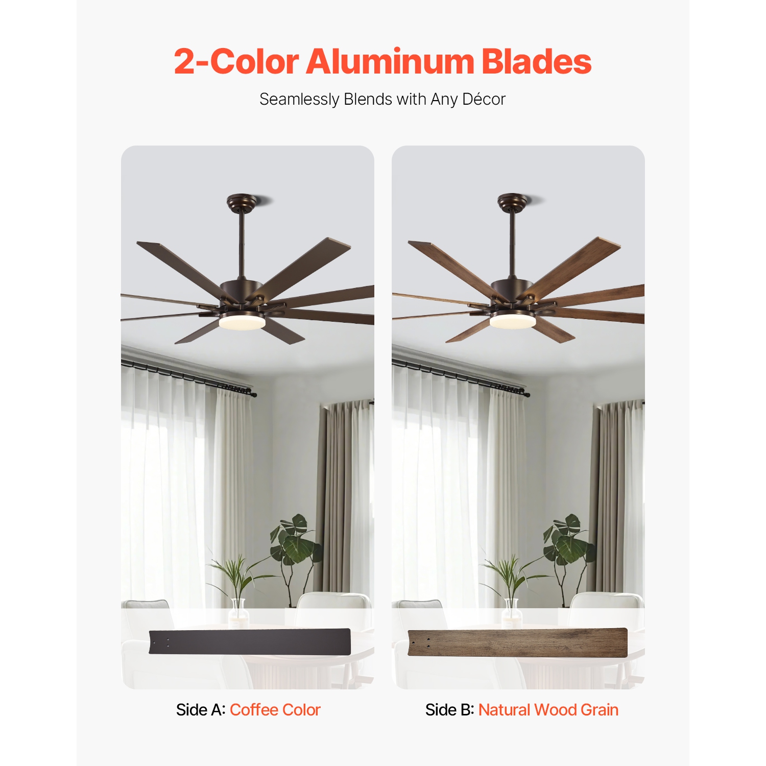 VEVOR 72 In Ceiling Fan with Light, 6-Speed Remote Control, Dimmable 3-Color Temperature, Reversible DC Motor, Modern Low Profile Flush Mount Fan for