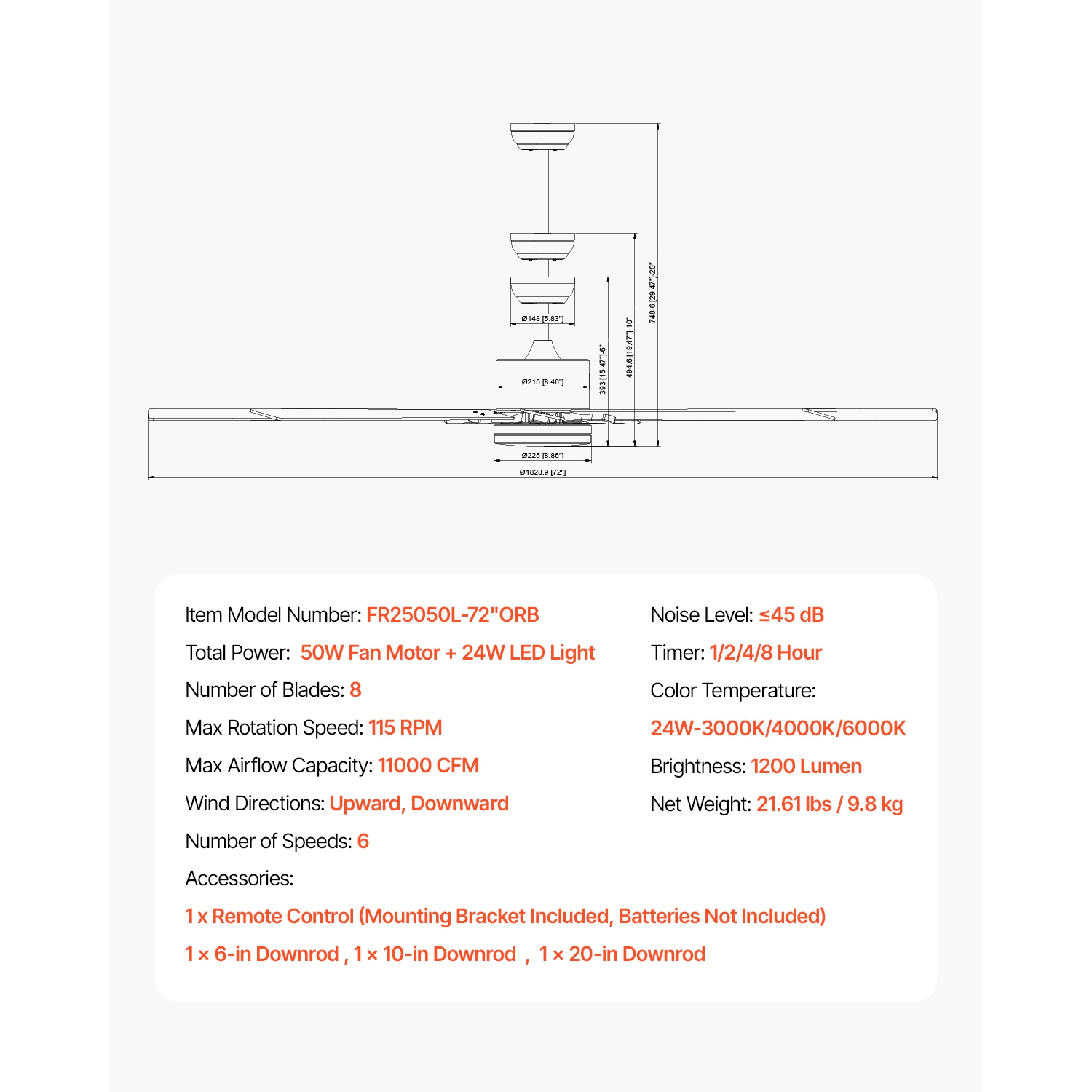 VEVOR 72 In Ceiling Fan with Light, 6-Speed Remote Control, Dimmable 3-Color Temperature, Reversible DC Motor, Modern Low Profile Flush Mount Fan for