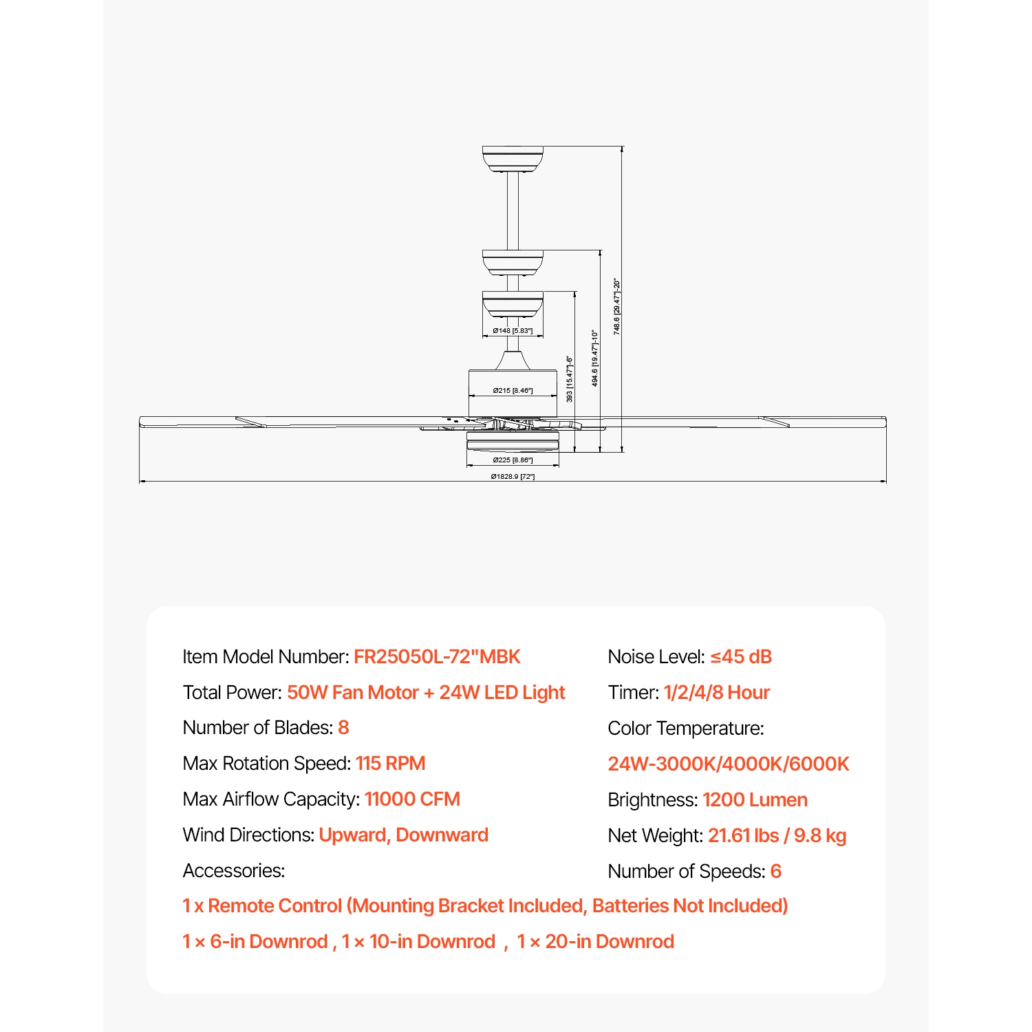 VEVOR 72 Inch Ceiling Fan with Light, 6-Speed Remote Control, Dimmable 3-Color Temperature, Reversible DC Motor, Modern Low Profile Flush Mount Fan