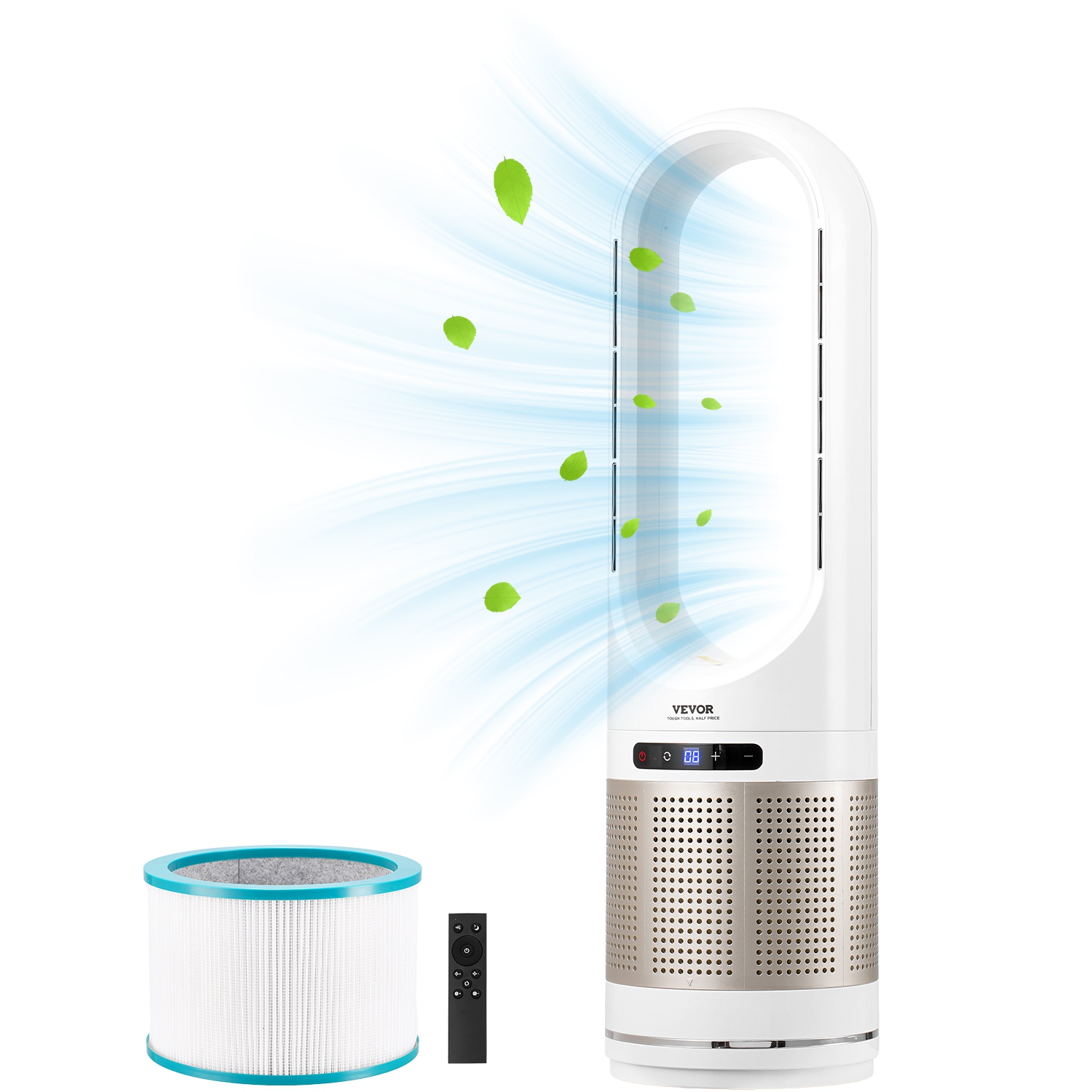 VEVOR 16.4ft/s Tower Fan Bladeless, Velocity Floor Fan, 80° Oscillating 8-Speed Fans, 8H Timer, Standing Fans with H13 HEPA Filtration, Remote