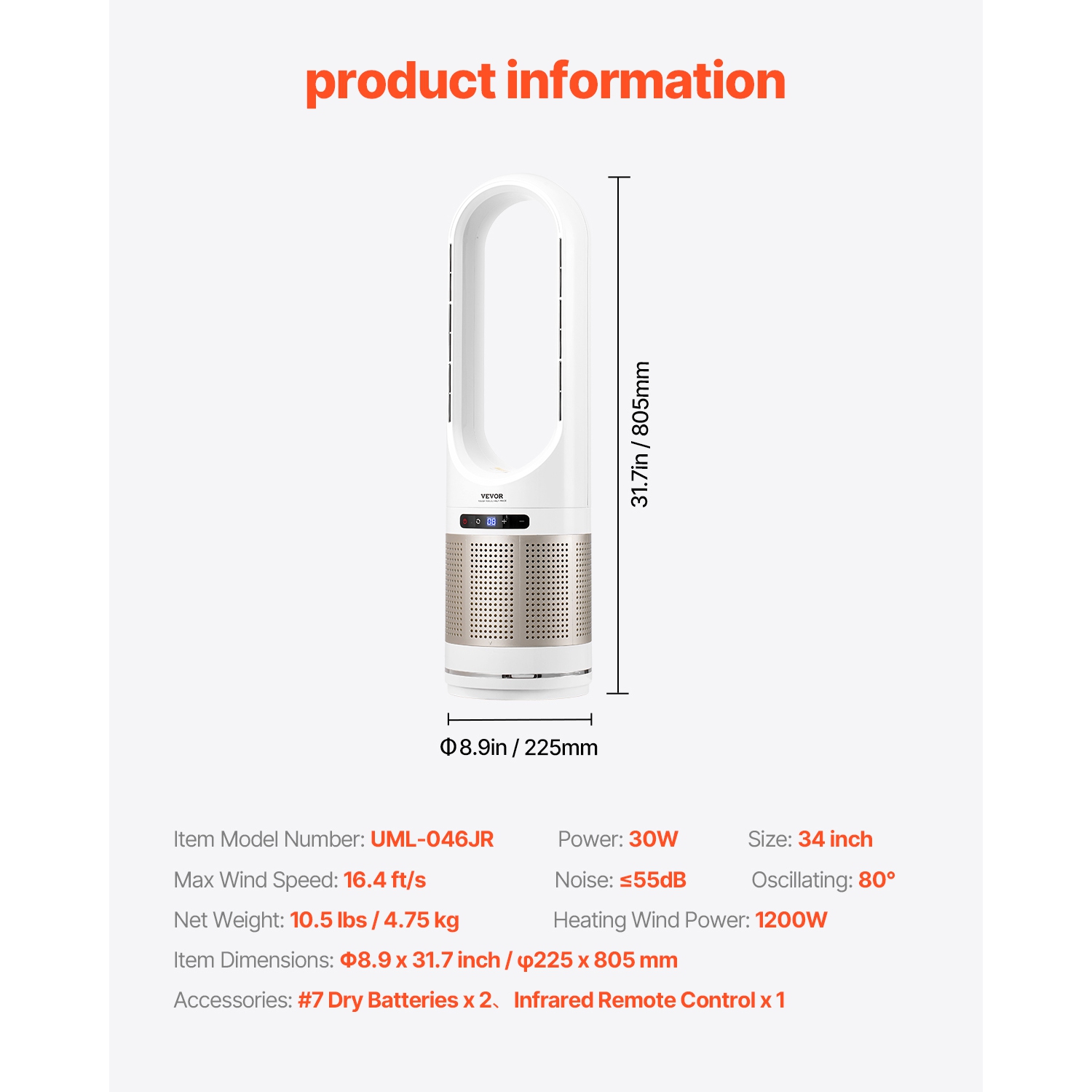 VEVOR 16.4ft/s Tower Fan Bladeless, Velocity Floor Fan, 80° Oscillating 8-Speed Fans, 8H Timer, Standing Fans with H13 HEPA Filtration, Remote