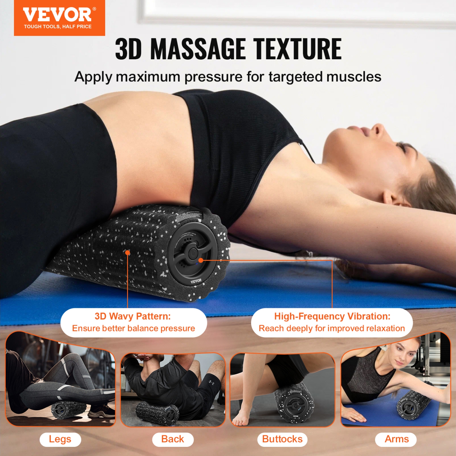 VEVOR 4-Speed Vibrating Foam Roller,Electric Massage Roller,16" Rechargeable 3D Texture, High Density EEP Foam Massager for Muscle Deep Tissue, Back