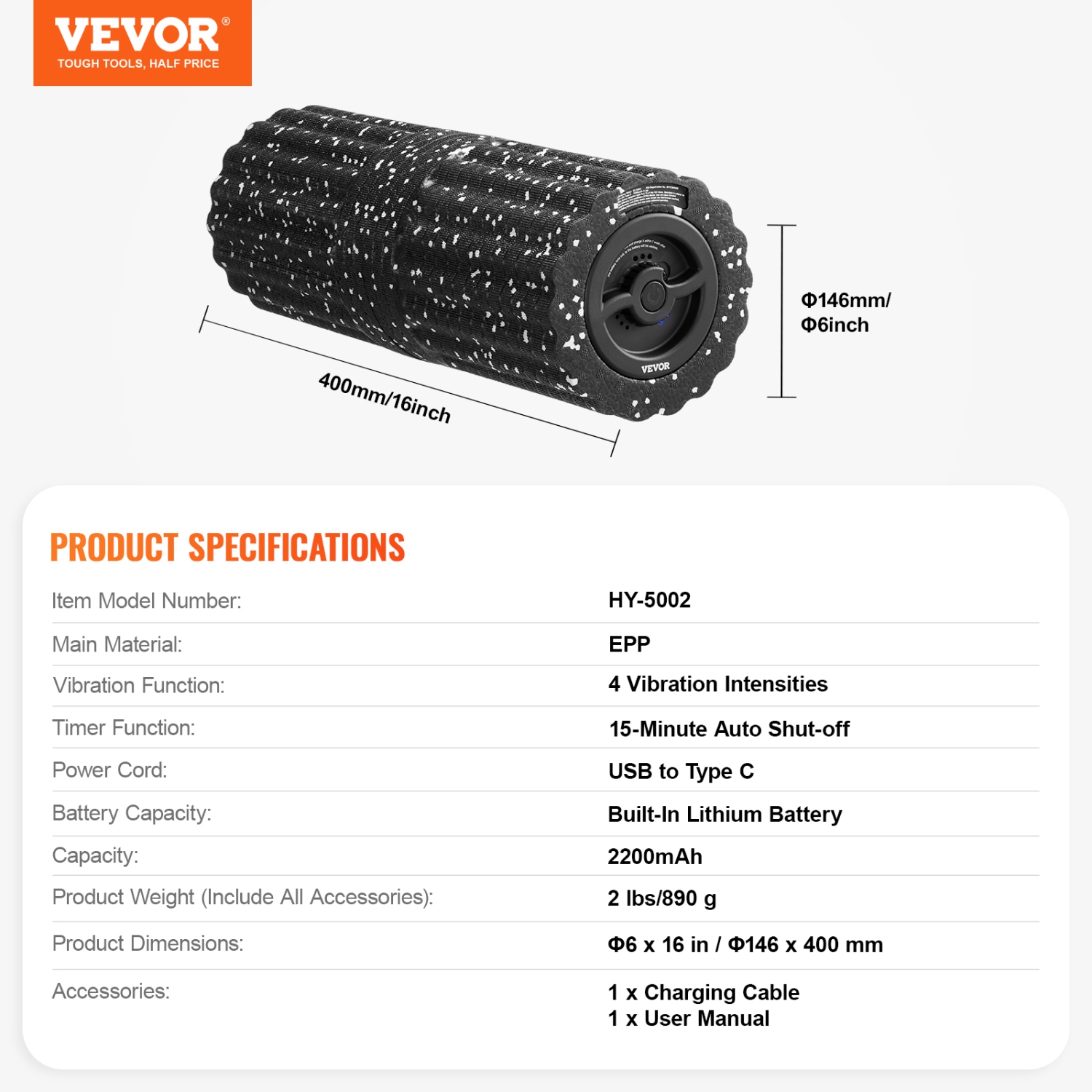 VEVOR 4-Speed Vibrating Foam Roller,Electric Massage Roller,16" Rechargeable 3D Texture, High Density EEP Foam Massager for Muscle Deep Tissue, Back