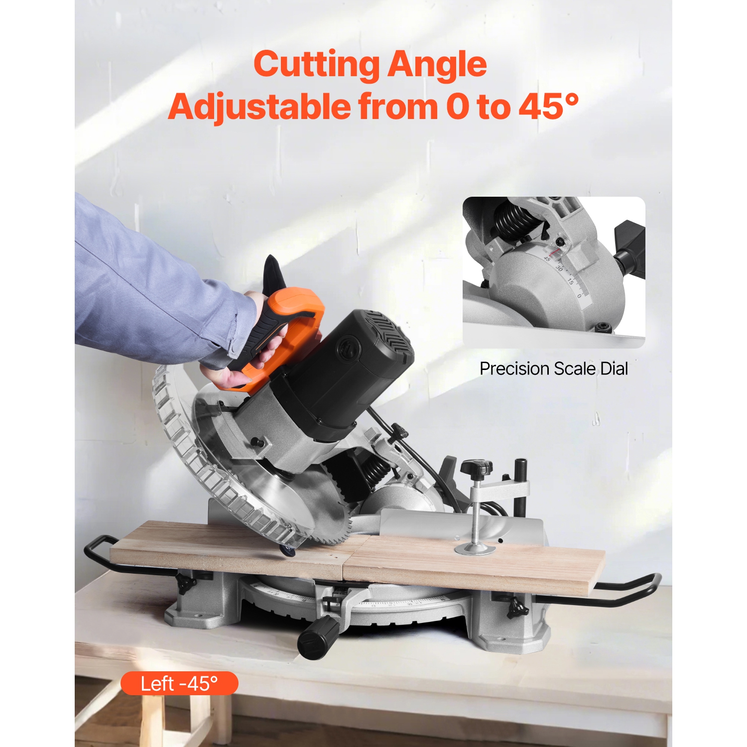 Scie à onglets combinée VEVOR, lame de 10&nbsp;po, moteur de 15 A, 60 dents, biseau simple avec fil de 0 à 45°, alignement précis LED, angle