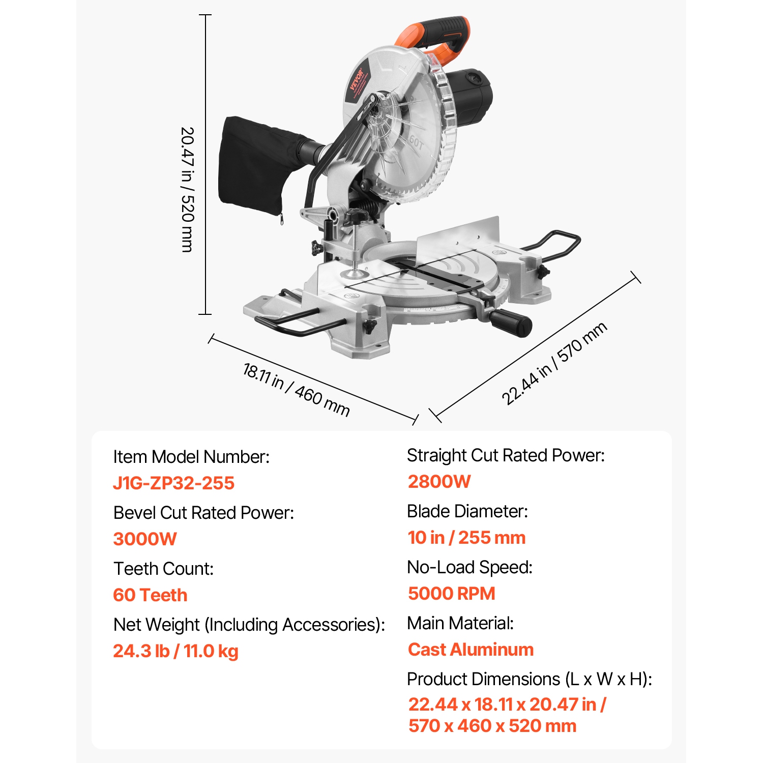 Scie à onglets combinée VEVOR, lame de 10&nbsp;po, moteur de 15 A, 60 dents, biseau simple avec fil de 0 à 45°, alignement précis LED, angle