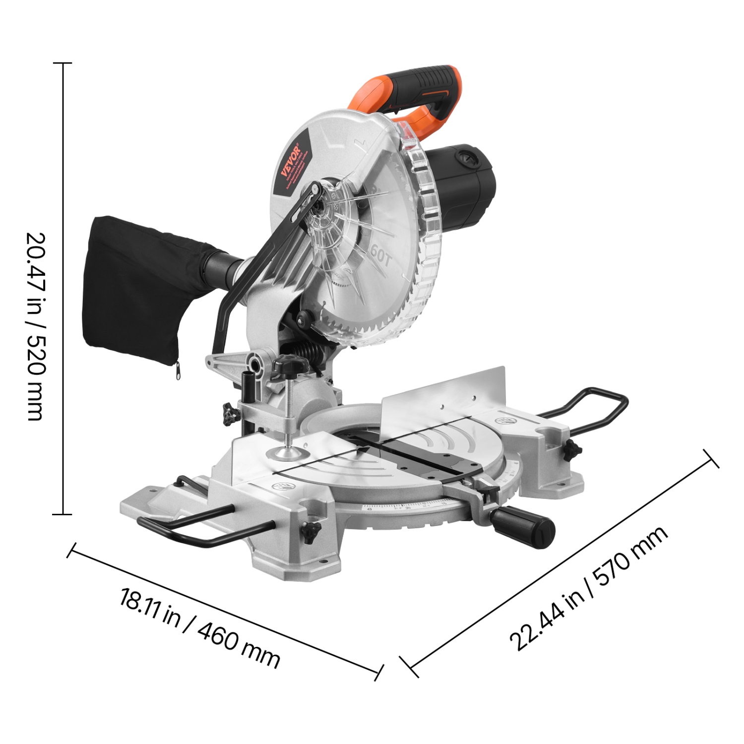 Scie à onglets combinée VEVOR, lame de 10&nbsp;po, moteur de 15 A, 60 dents, biseau simple avec fil de 0 à 45°, alignement précis LED, angle