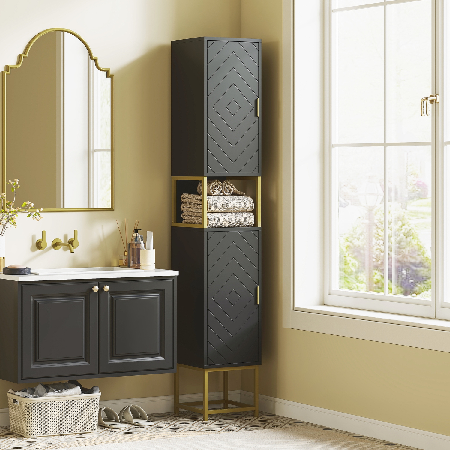 kleankin 67" Tall Bathroom Storage Cabinet, Modern Narrow Bathroom Cabinet with Chevron Pattern, Open Counter and Adjustable Shelf, Freestanding