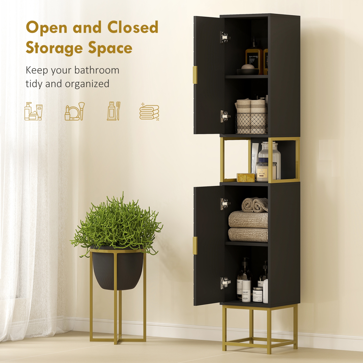 kleankin 67" Tall Bathroom Storage Cabinet, Modern Narrow Bathroom Cabinet with Chevron Pattern, Open Counter and Adjustable Shelf, Freestanding