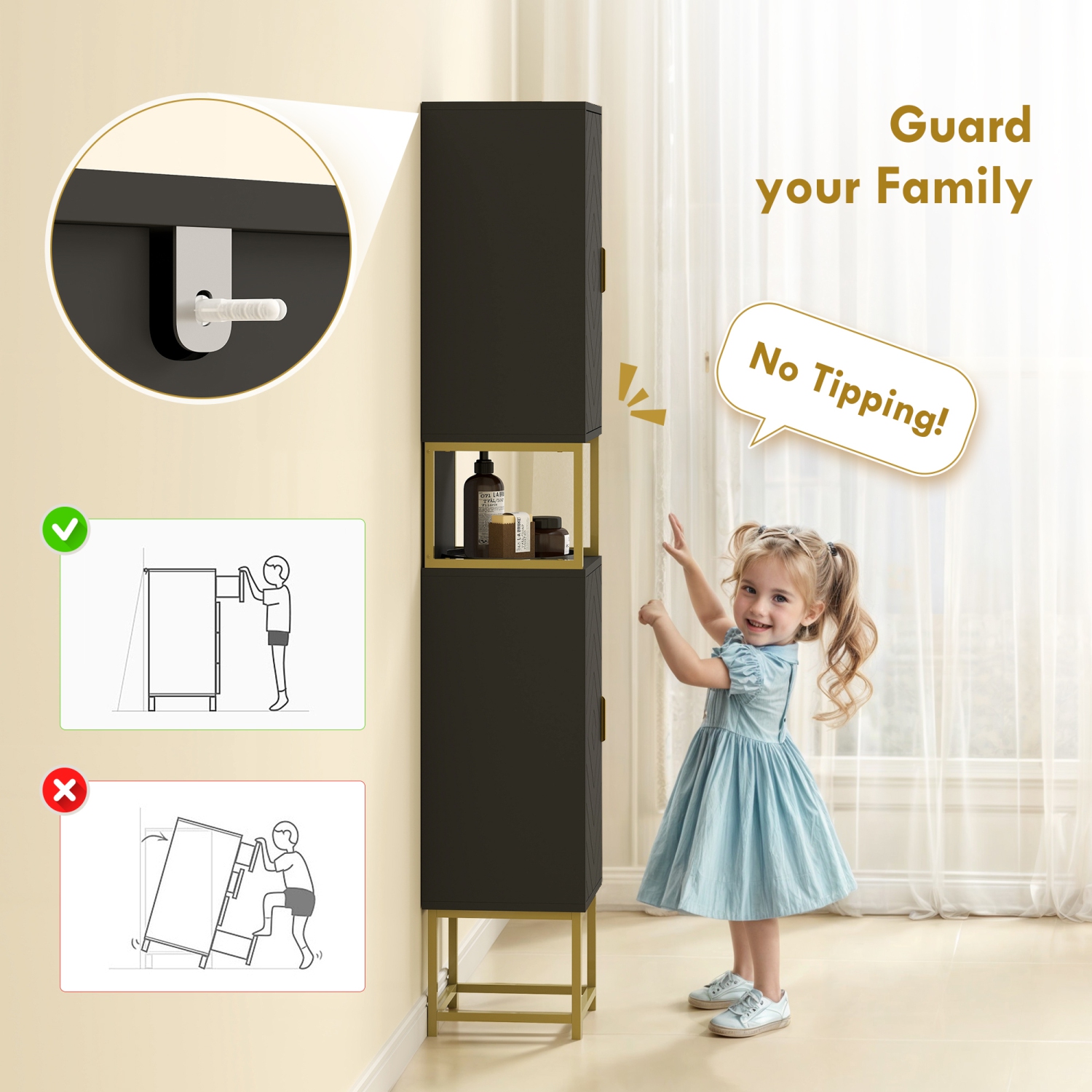 kleankin 67" Tall Bathroom Storage Cabinet, Modern Narrow Bathroom Cabinet with Chevron Pattern, Open Counter and Adjustable Shelf, Freestanding