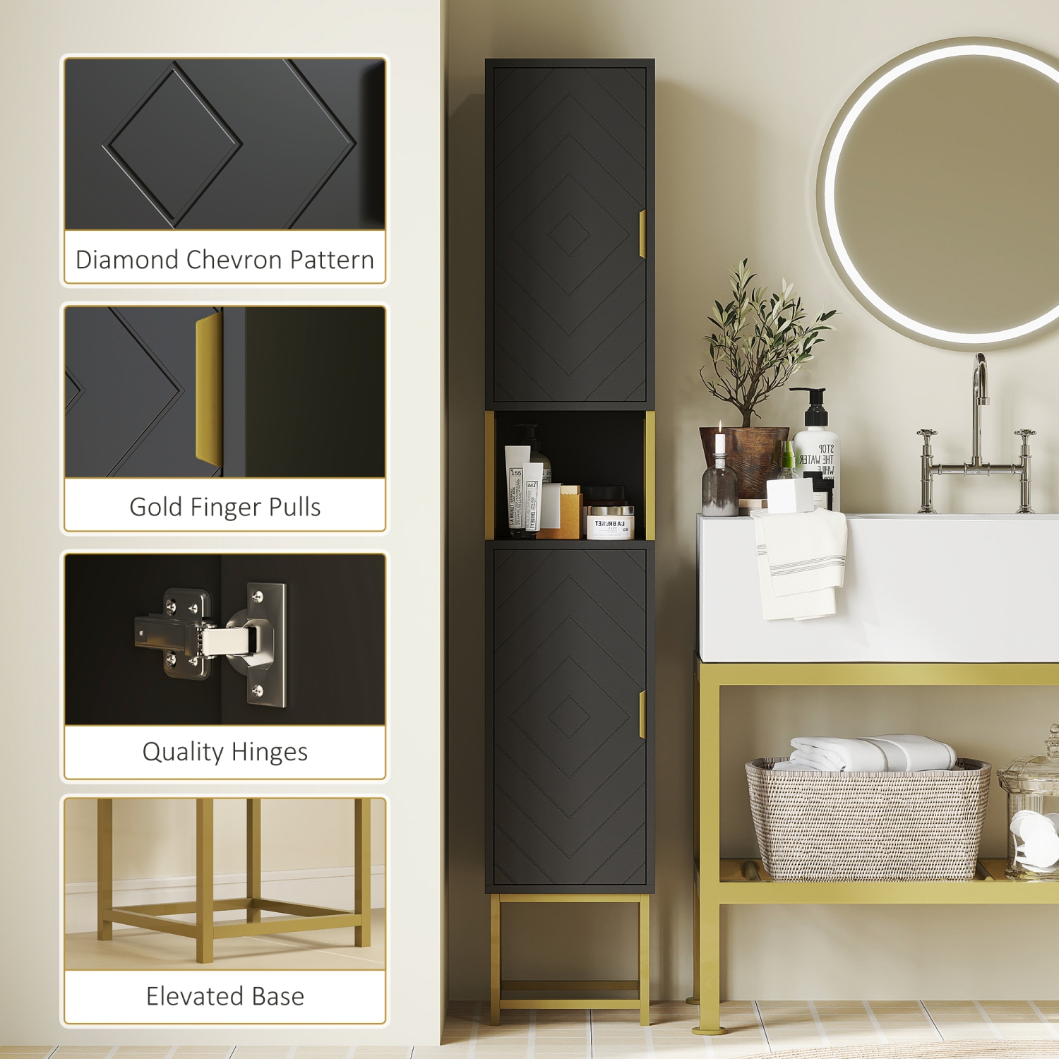 kleankin 67" Tall Bathroom Storage Cabinet, Modern Narrow Bathroom Cabinet with Chevron Pattern, Open Counter and Adjustable Shelf, Freestanding