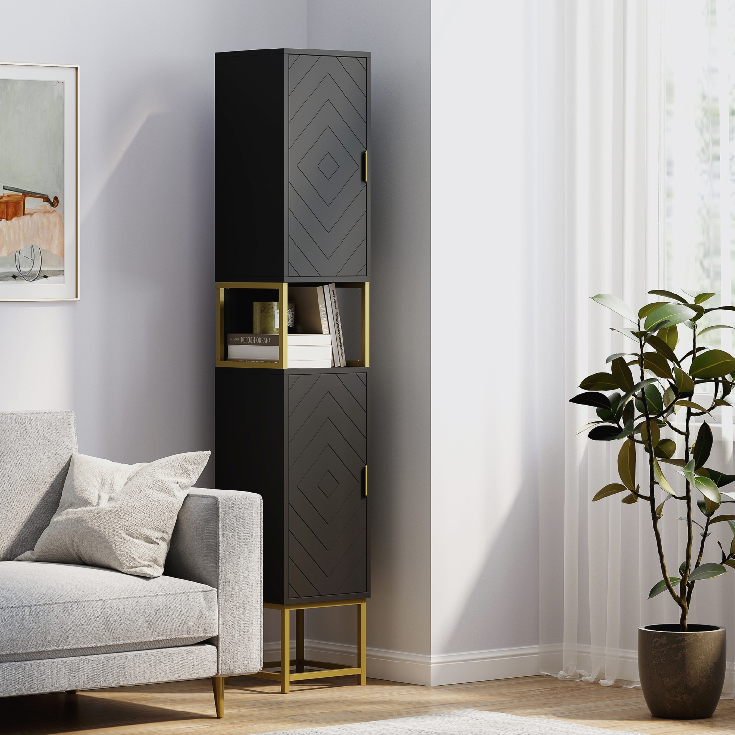 kleankin 67" Tall Bathroom Storage Cabinet, Modern Narrow Bathroom Cabinet with Chevron Pattern, Open Counter and Adjustable Shelf, Freestanding