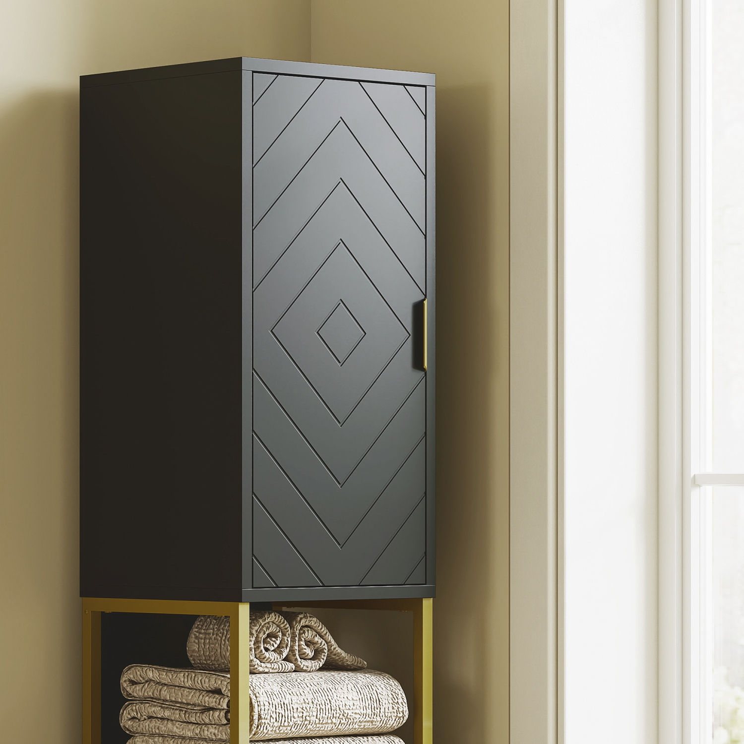 kleankin 67" Tall Bathroom Storage Cabinet, Modern Narrow Bathroom Cabinet with Chevron Pattern, Open Counter and Adjustable Shelf, Freestanding