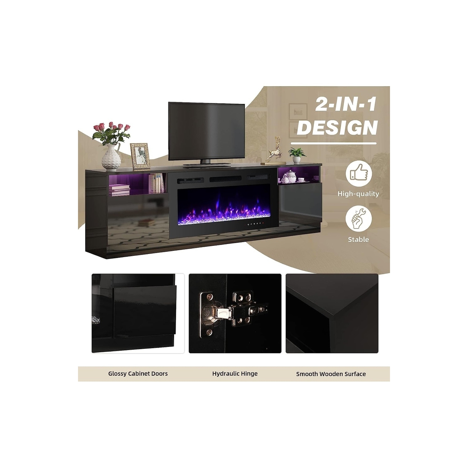 Meuble pour téléviseur de 80 po et moins avec foyer électrique U-HOMY 70 – Centre de divertissement moderne avec radiateur, meuble multimédia