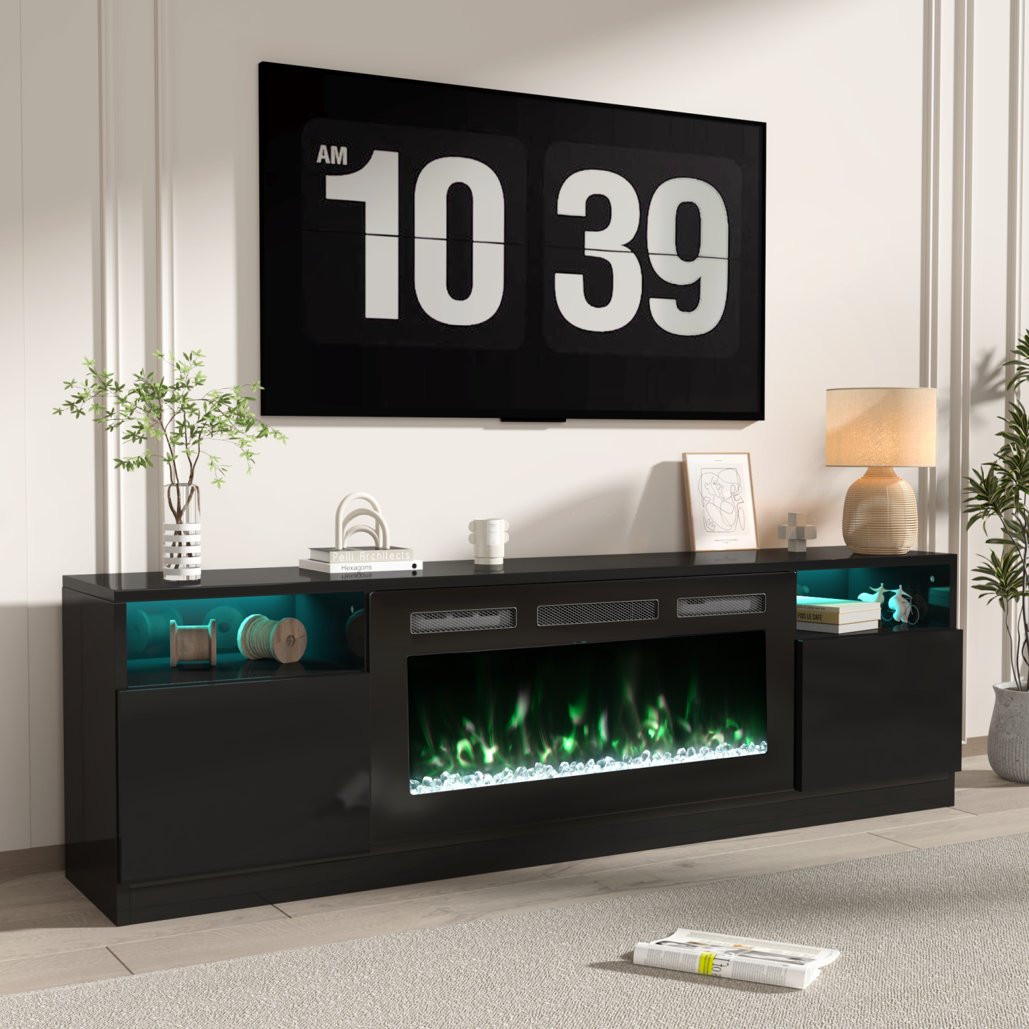 Meuble pour téléviseur de 80 po et moins avec foyer électrique U-HOMY 70 – Centre de divertissement moderne avec radiateur, meuble multimédia