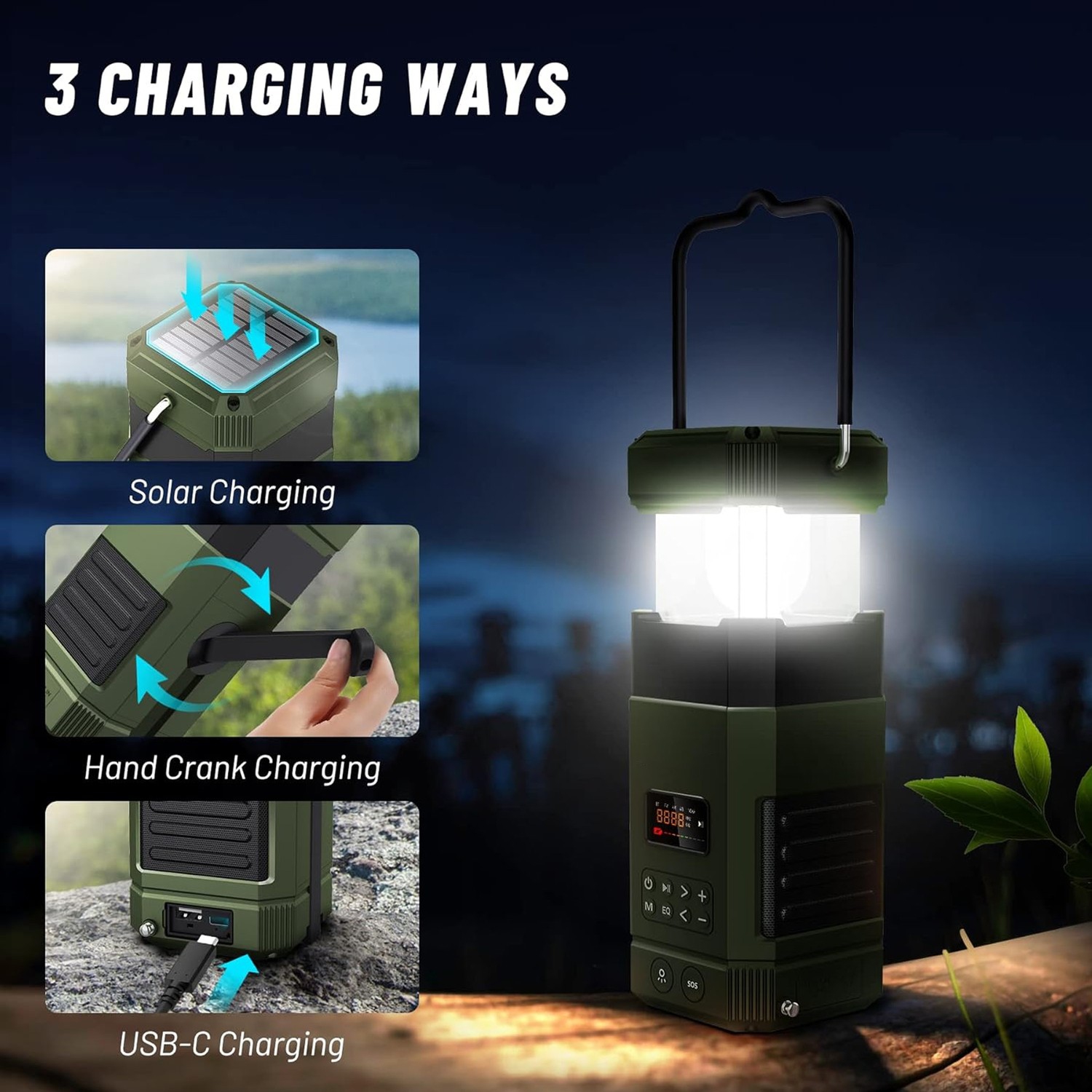 AM FM Hand Crank Radio with Bluetooth Speaker for Camping, Solar, Mobile Phone Charging Function, 3 Light Modes, IP65 Waterproof, Flashlight, Strobe