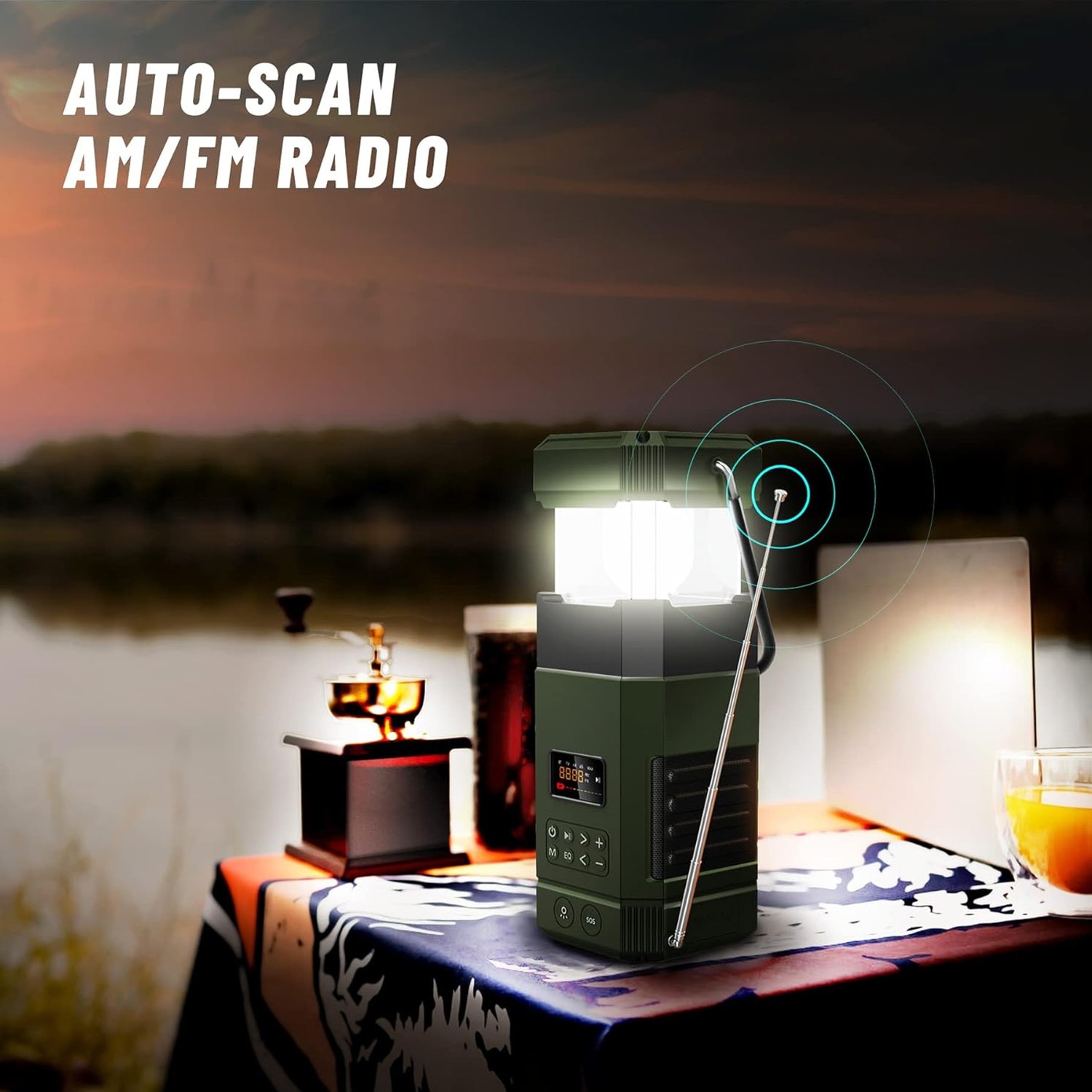 AM FM Hand Crank Radio with Bluetooth Speaker for Camping, Solar, Mobile Phone Charging Function, 3 Light Modes, IP65 Waterproof, Flashlight, Strobe