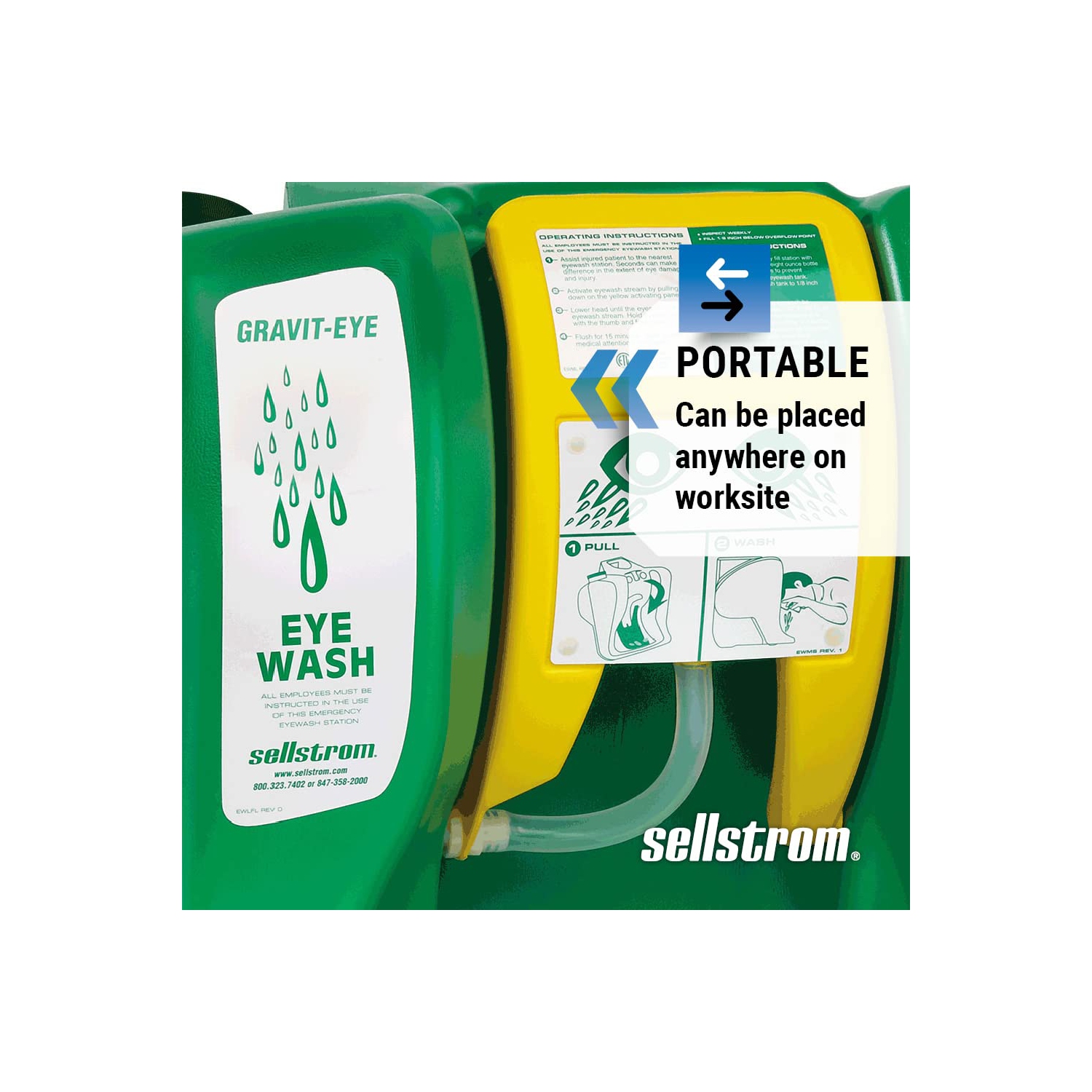 Station de bain oculaire Sellstrom, portative, débit de gravité, urgence, équipement de premiers soins, Réservoir de 16 gallons, deux têtes de