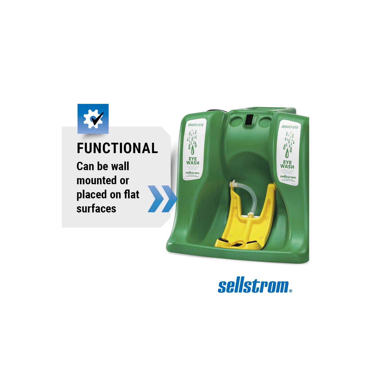 Station de bain oculaire Sellstrom, portative, débit de gravité, urgence, équipement de premiers soins, Réservoir de 16 gallons, deux têtes de