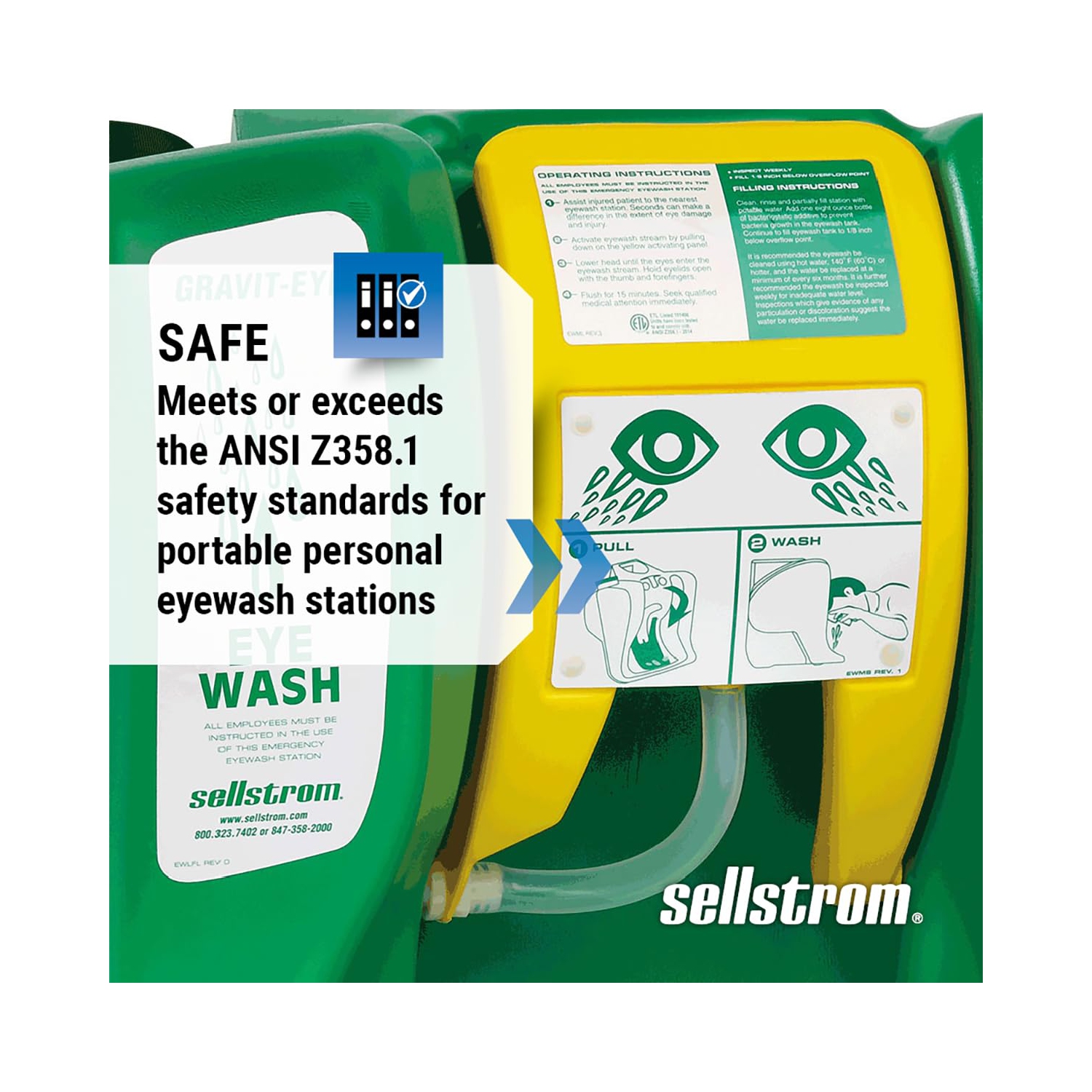 Station de bain oculaire Sellstrom, portative, débit de gravité, urgence, équipement de premiers soins, Réservoir de 16 gallons, deux têtes de