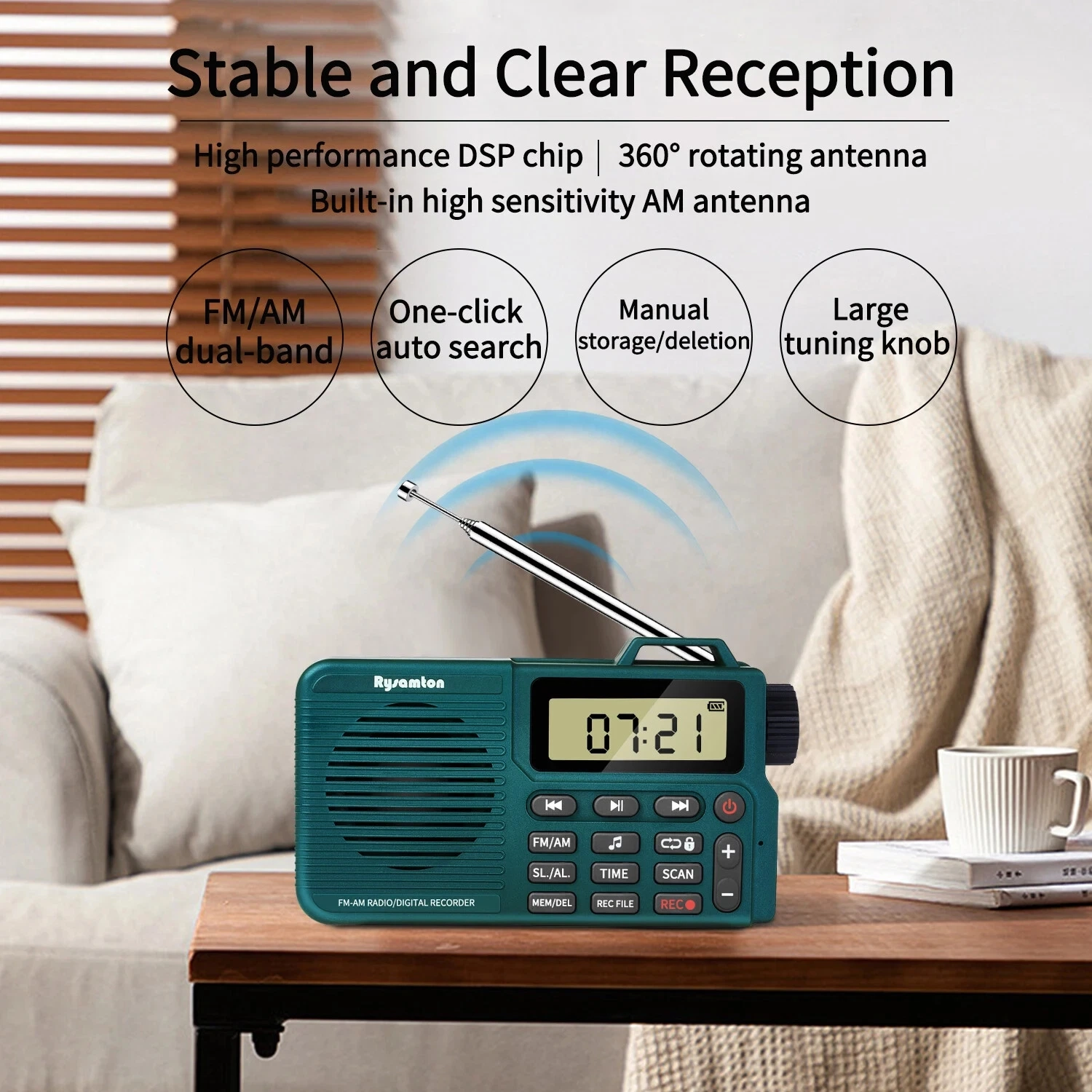Portable FM/AM radio recorder, rechargeable multi-function music player - green