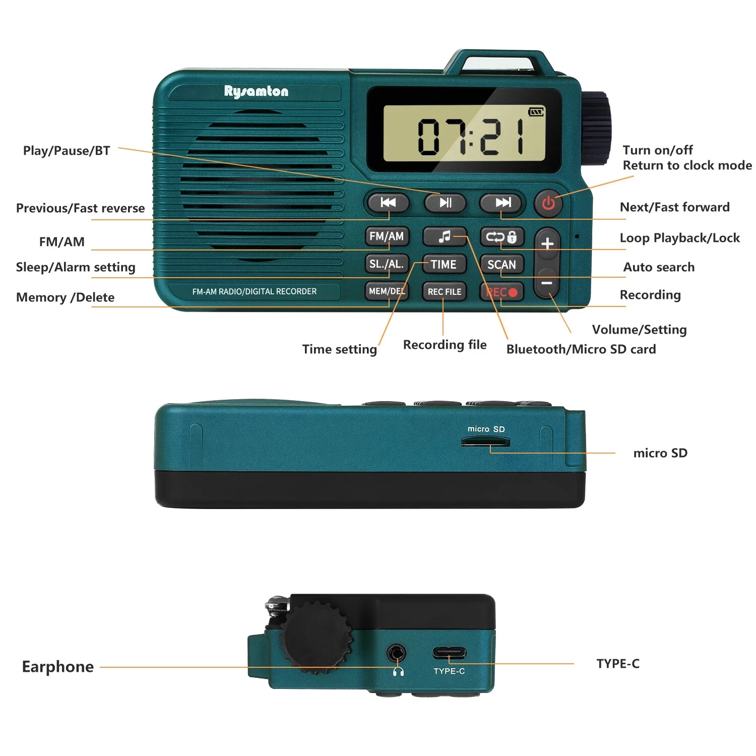 Portable FM/AM radio recorder, rechargeable multi-function music player - green